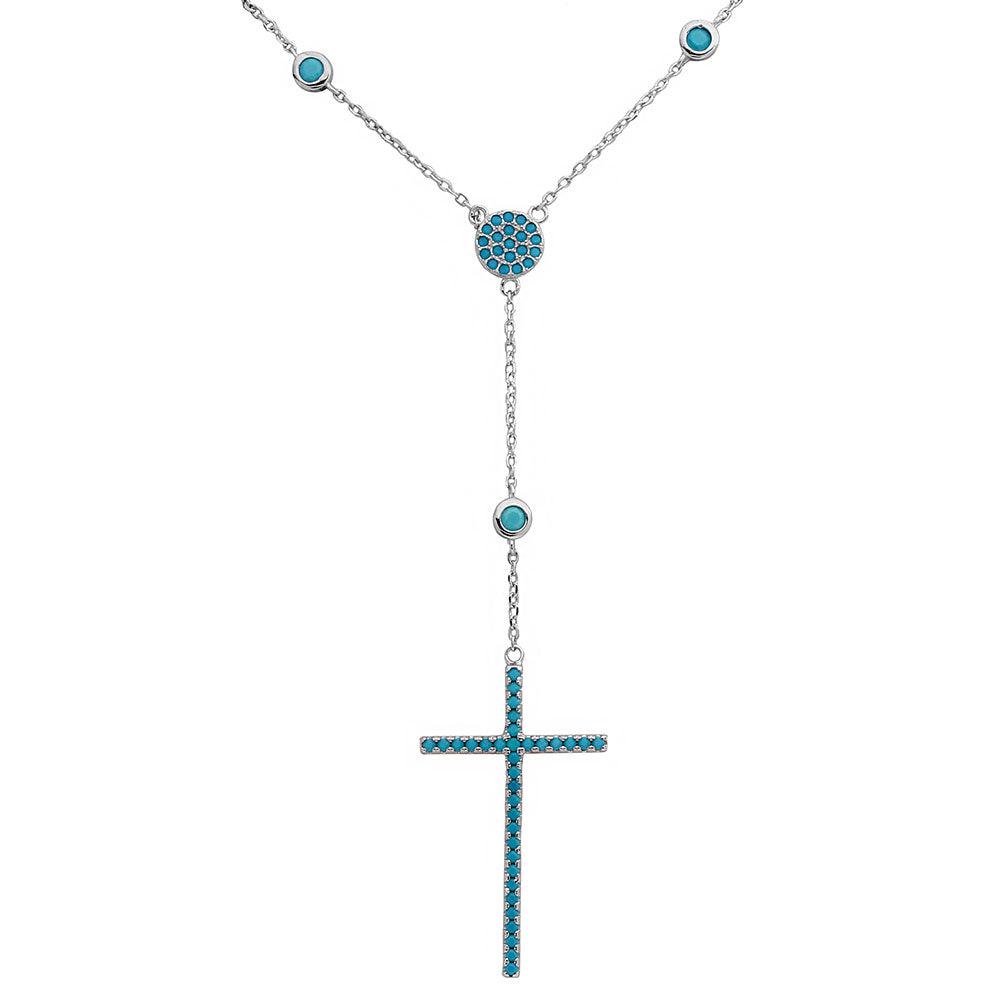 Silver 925 Rhodium Plated Cross Necklace with Synthetic Turquoise Stones - STP01513RH | Silver Palace Inc.