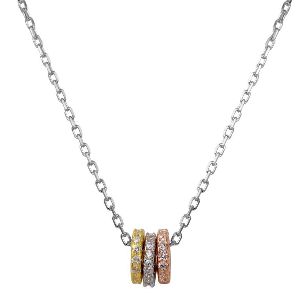 Silver 925 Tri-Color Plated Trio Mechanic Ring Necklace with CZ - STP01556TRI | Silver Palace Inc.