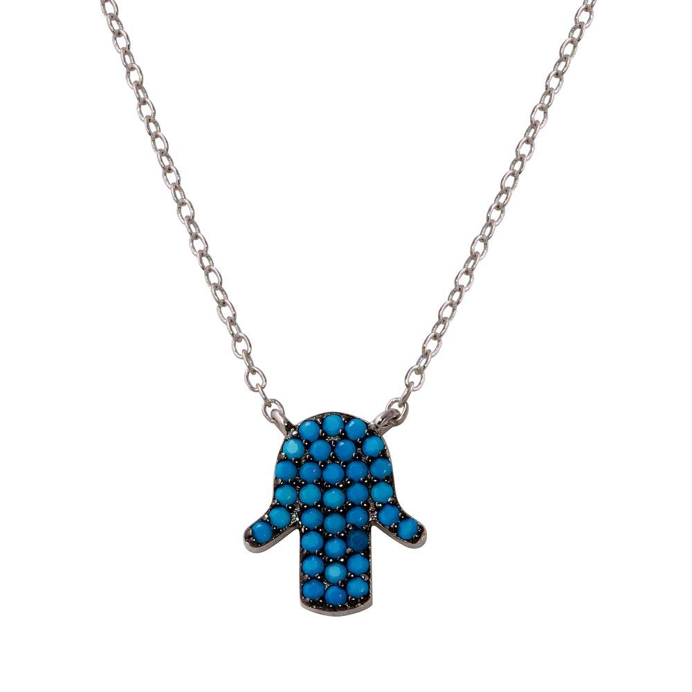 Silver 925 Rhodium Plated Hamsa Necklace with Turquoise Beads - STP01569XP | Silver Palace Inc.