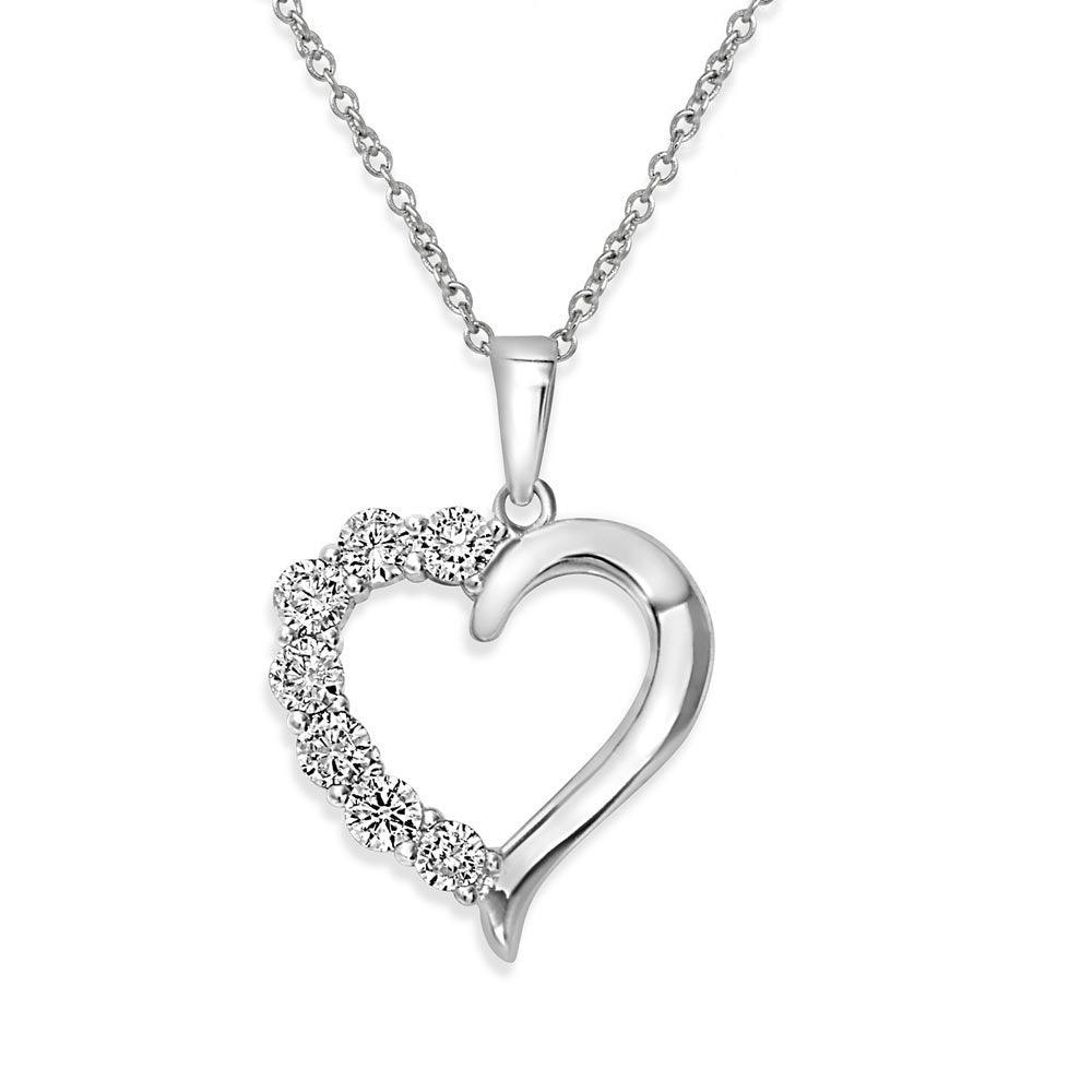 Silver 925 Rhodium Plated Open CZ Heart Necklace - STP01584