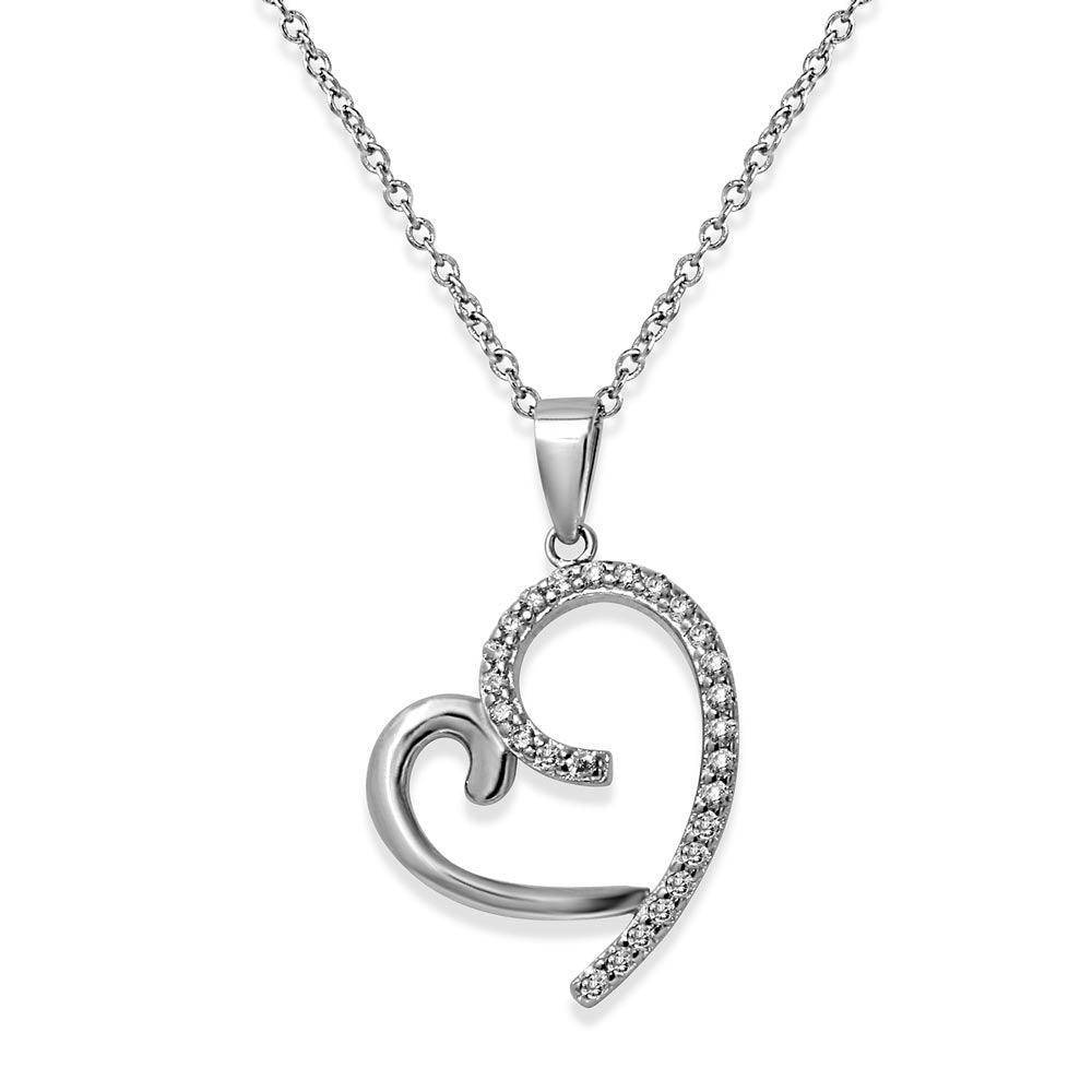 Silver 925 Rhodium Plated Curved Open Heart CZ Necklace - STP01585