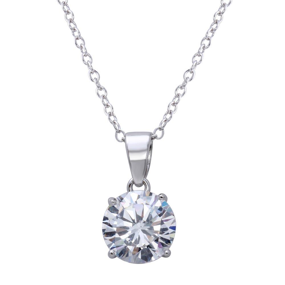 Silver 925 Rhodium Plated Round Clear CZ Solitaire Necklace - STP01628RH