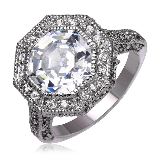 Closeout-Silver 925 Oxidized Rhodium Plated Clear Octagon CZ Ring - STR00120CLR | Silver Palace Inc.