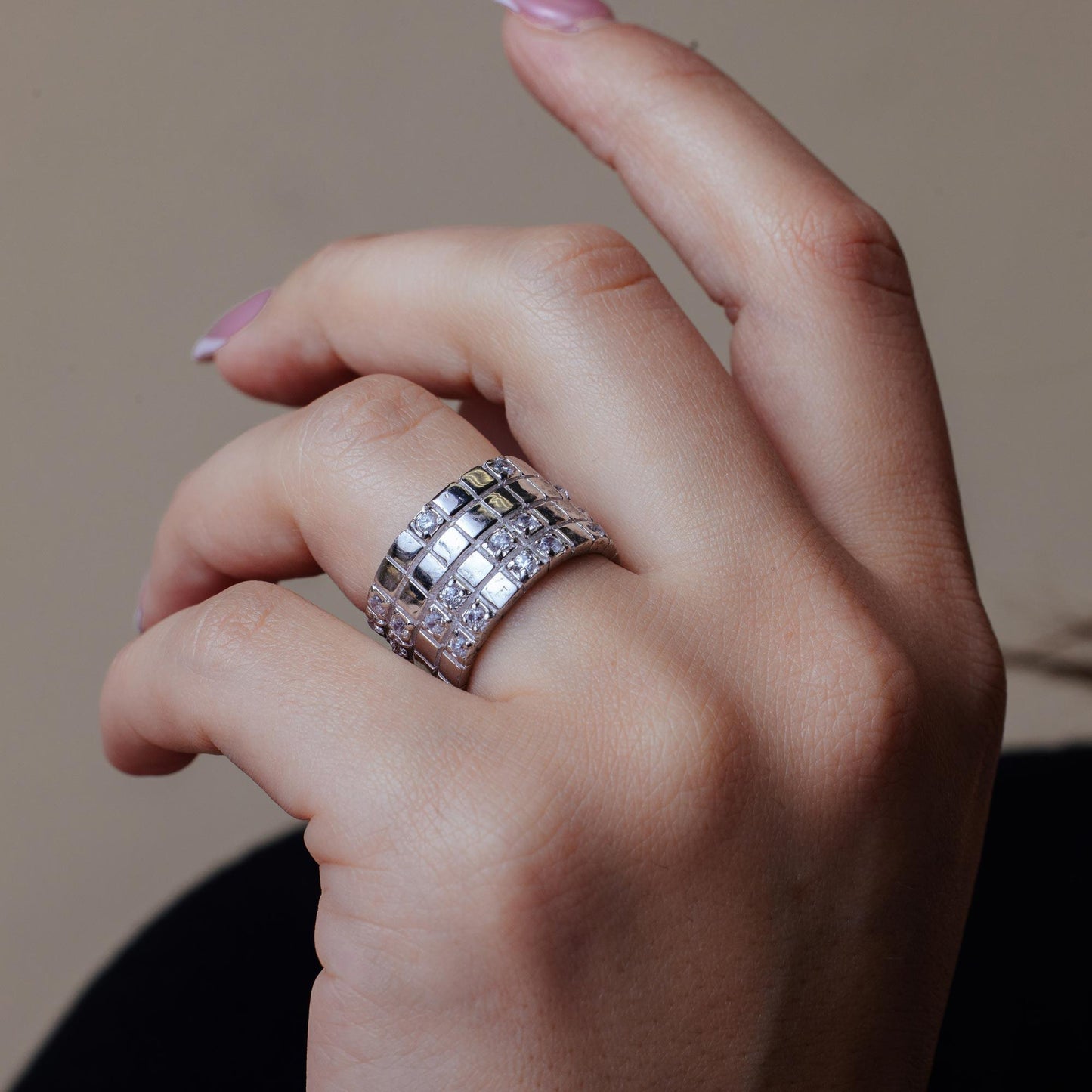 Closeout-Silver 925 Rhodium Plated Clear CZ Grid Ring - STR00182