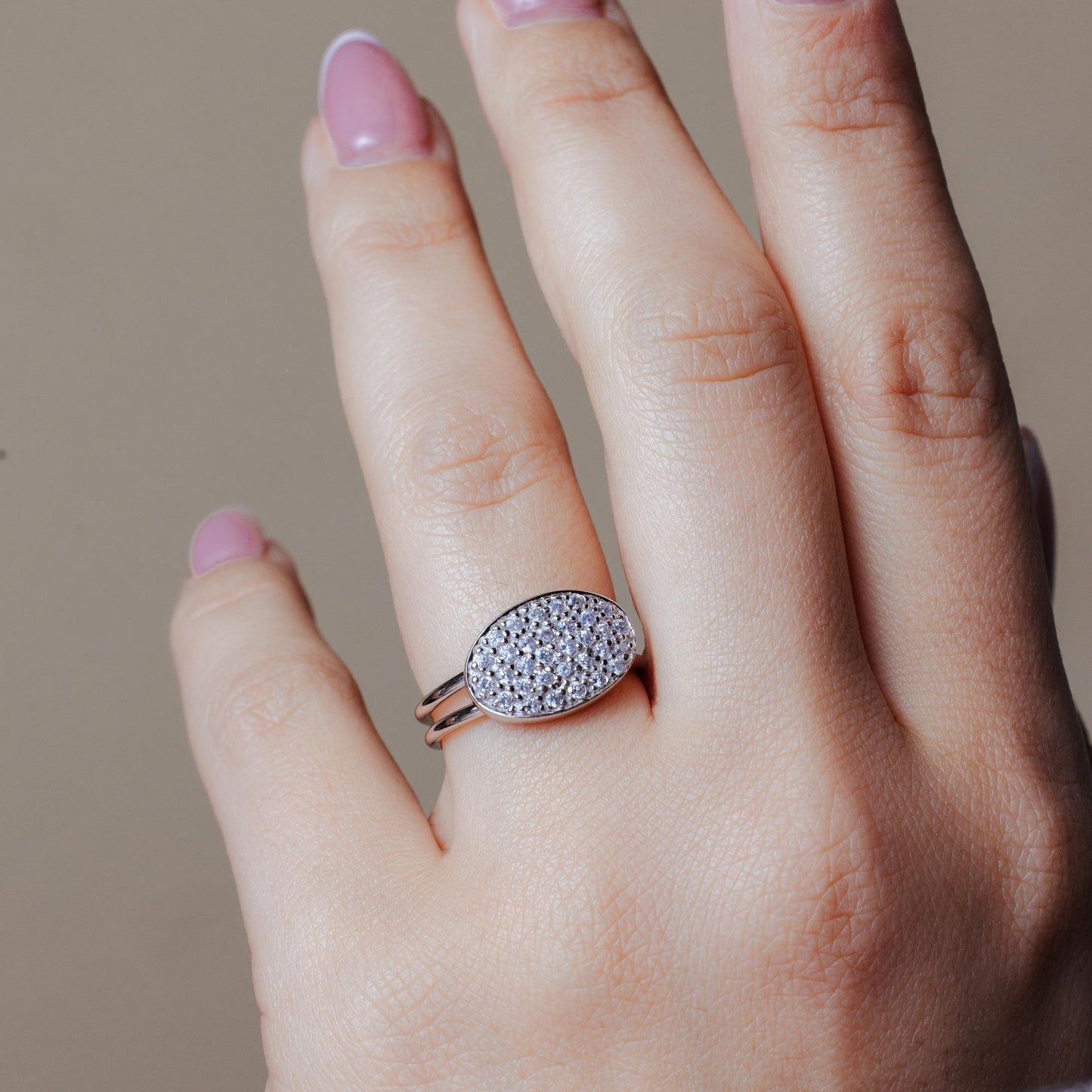 Closeout-Silver 925 Rhodium Plated Pave Set CZ Oval Ring - STR00205