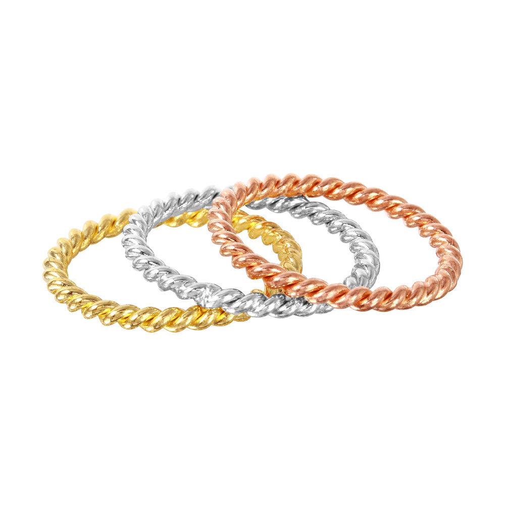 Silver 925 Rhodium, Gold, and Rose Gold Plated Stackable Rope Ring - STR00293