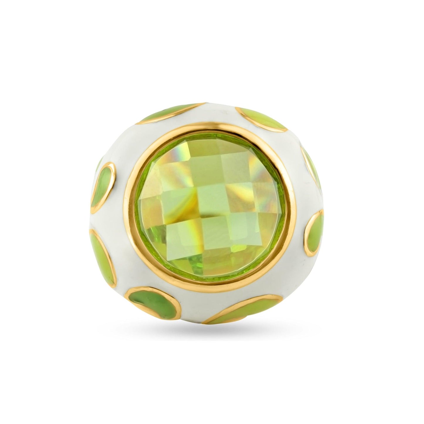 Closeout-Silver 925 Gold Plated Green White Enamel Yellow CZ Ring - STR00623