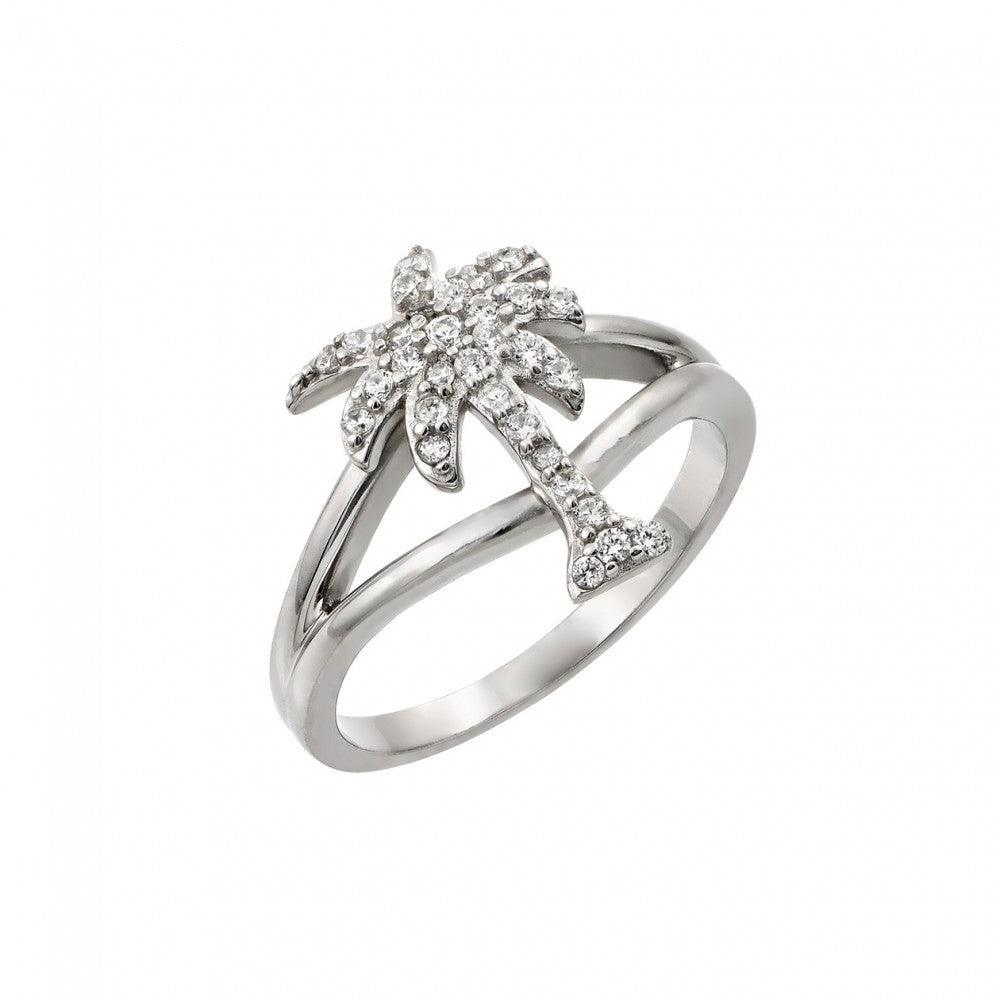 Silver 925 Rhodium Plated Pave Set Clear CZ Palm Tree Ring - STR00999 | Silver Palace Inc.