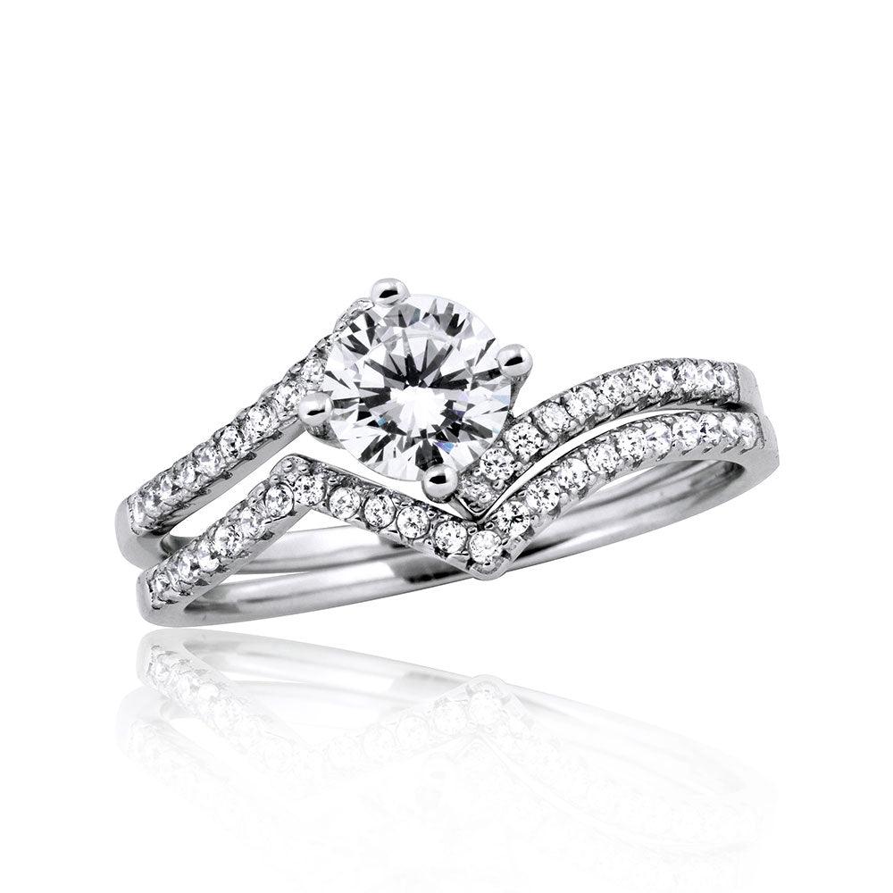 Silver 925 Rhodium Plated 2 Zigzag Engagement CZ Ring with 6mm Center - STR01048 | Silver Palace Inc.