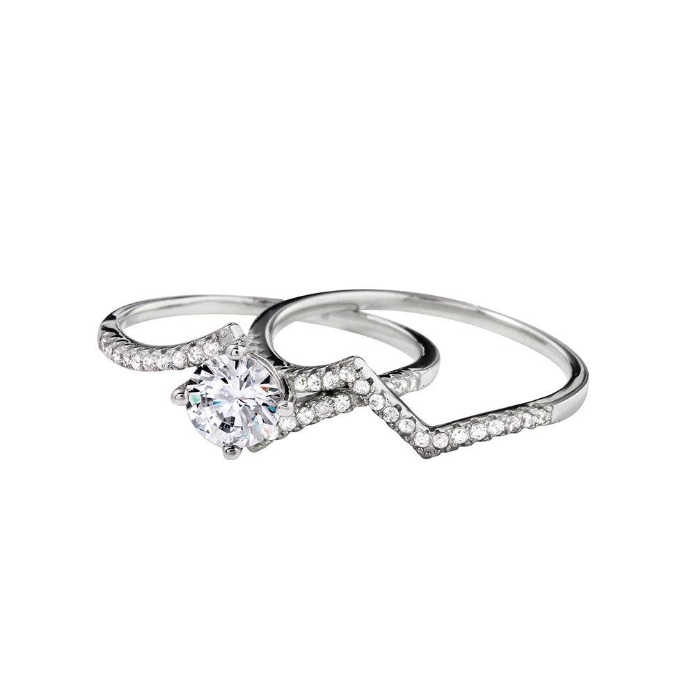 Silver 925 Rhodium Plated 2 Zigzag Engagement CZ Ring with 6mm Center - STR01048