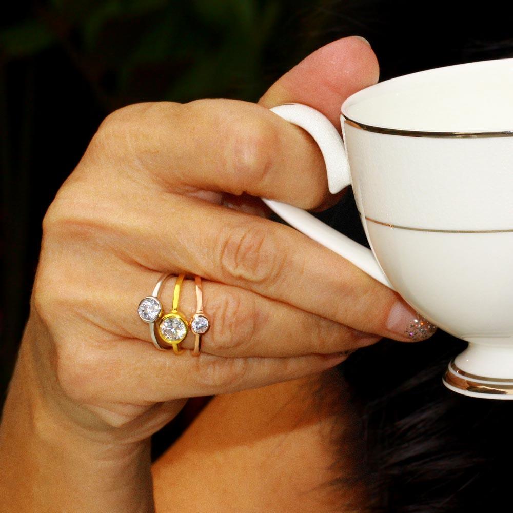 Silver 925 Tri-Color Plated Stackable Trio Round CZ Ring - STR01067