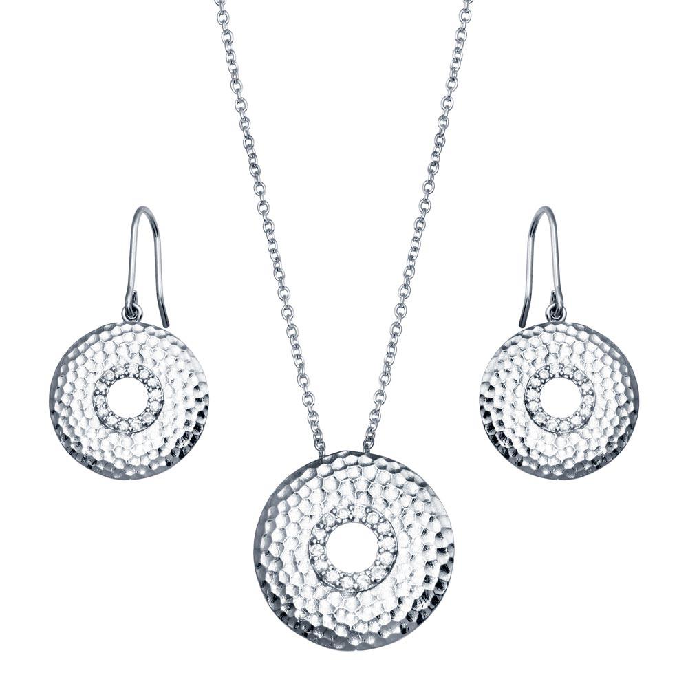 Closeout-Silver 925 Rhodium Plated Round CZ Hook Earring and Necklace Set - STS00101 | Silver Palace Inc.