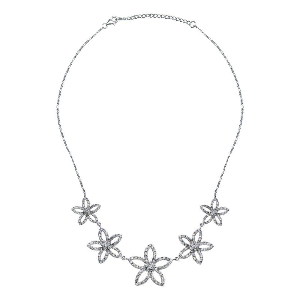 Closeout-Silver 925 Rhodium Plated Open Flower CZ Stud Earring and Necklace Set - STS00148 | Silver Palace Inc.