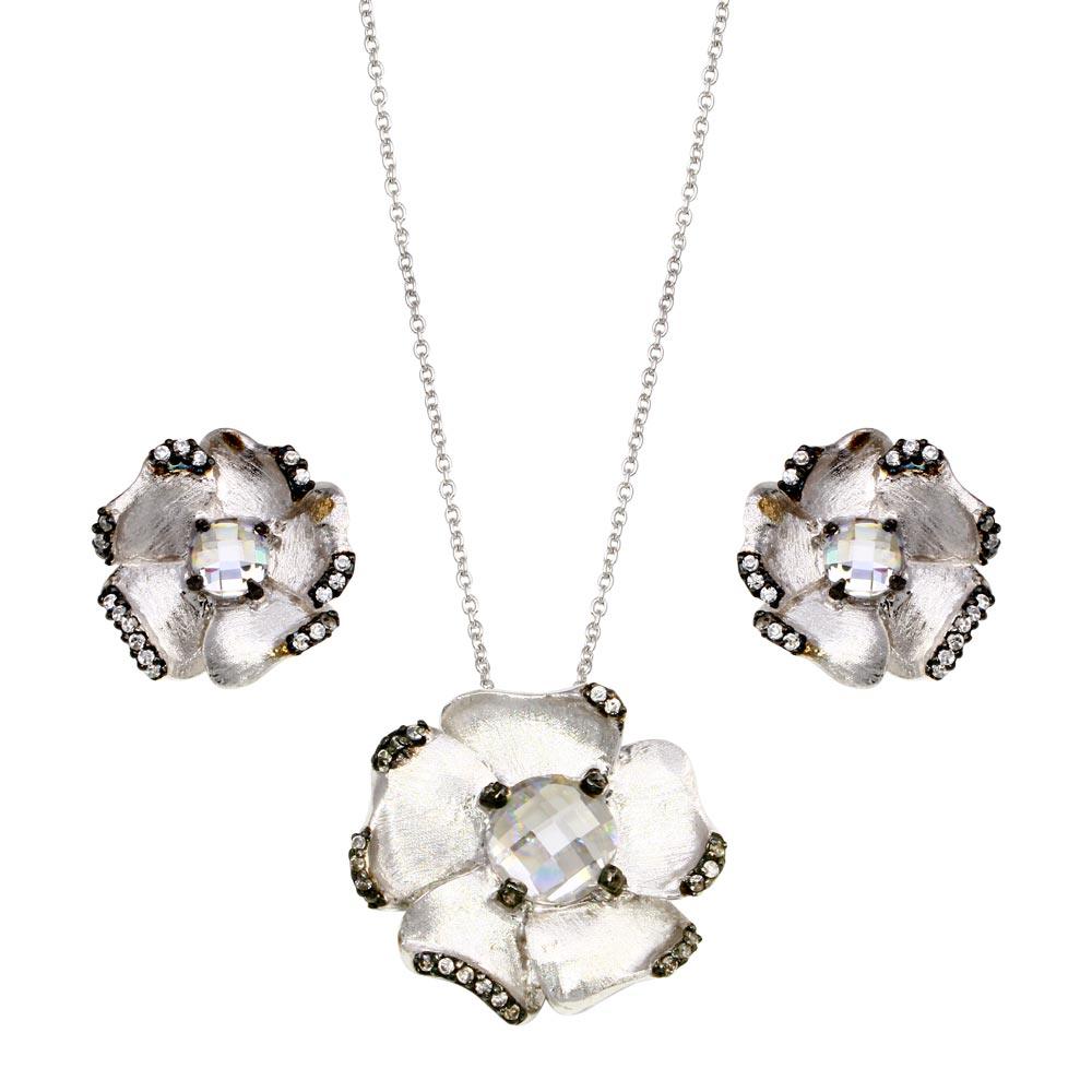 Closeout-Silver 925 Rhodium Plated Matte Finish Flower CZ Set - STS00371 | Silver Palace Inc.