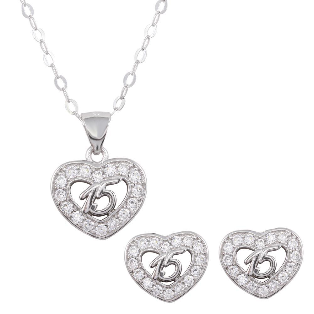Silver 925 Rhodium Plated Heart 15 Necklace and Earrings Set - TMS00002 | Silver Palace Inc.