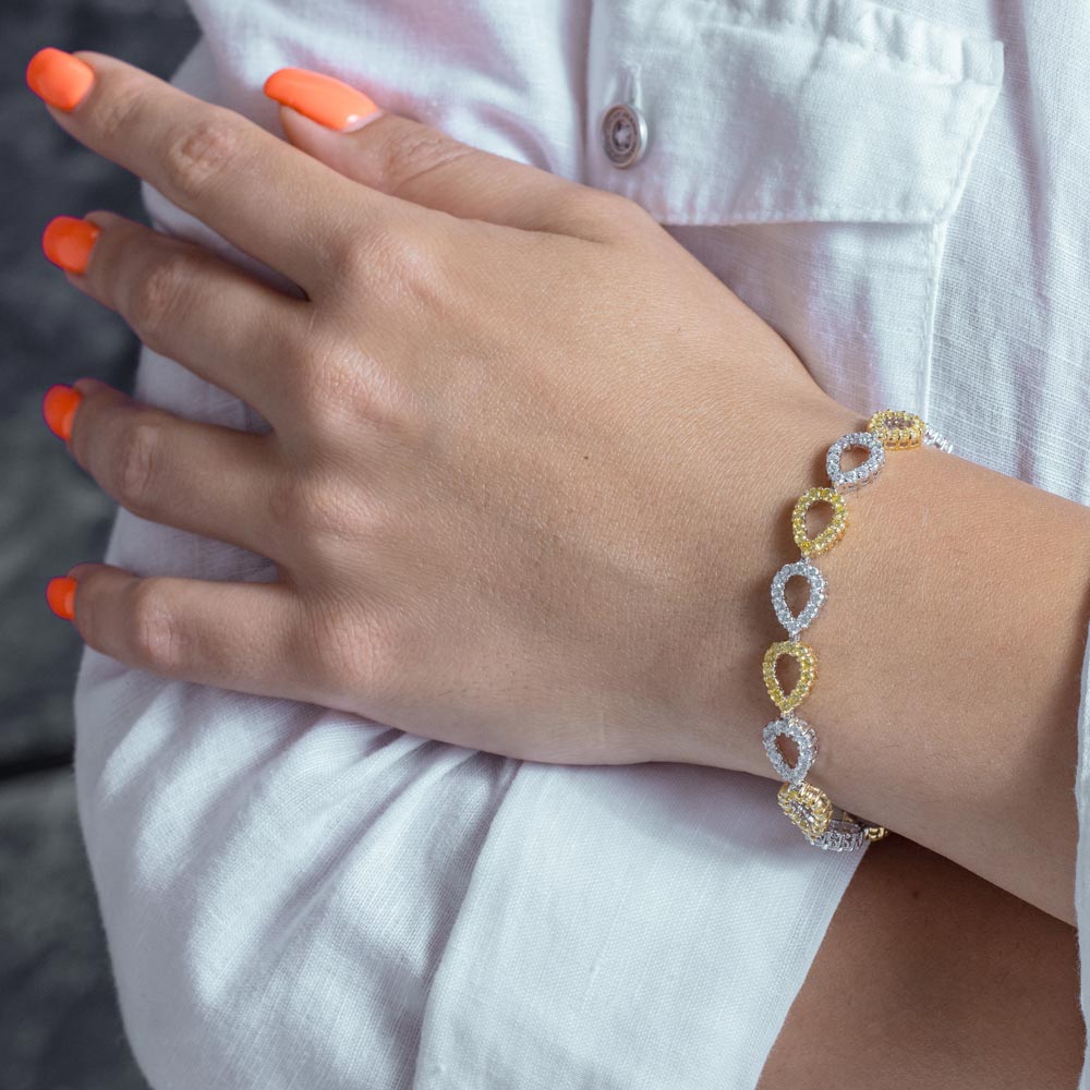 Closeout-Silver 925 Rhodium Plated Open Clear and Yellow Teardrop CZ Bracelet - BGB00012