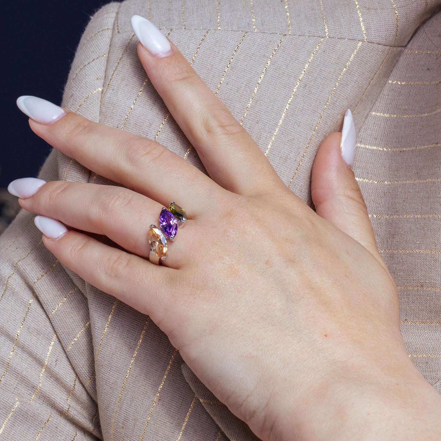 Silver 925 Rhodium Plated Multi Color 3 CZ Stones Ring - BGR01093