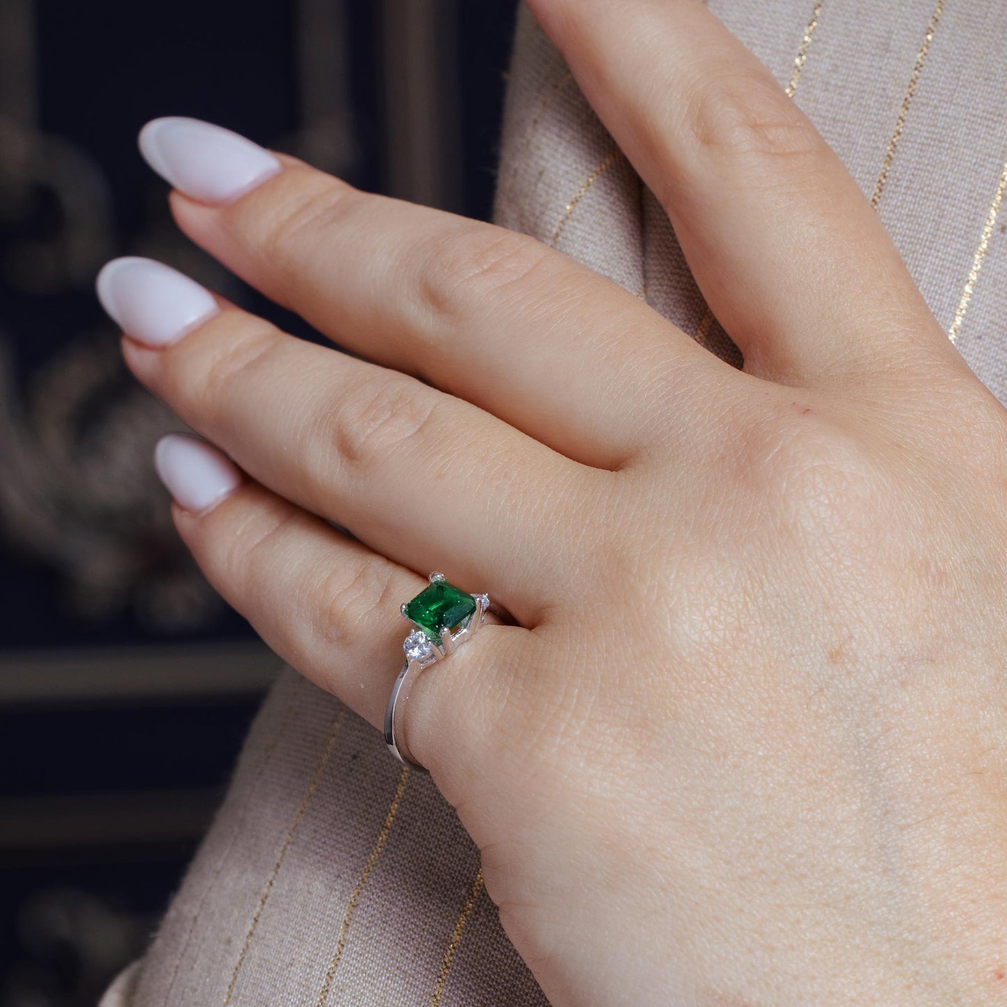 Silver 925 Rhodium Plated Green CZ Center Stone Ring - BGR01138GRN