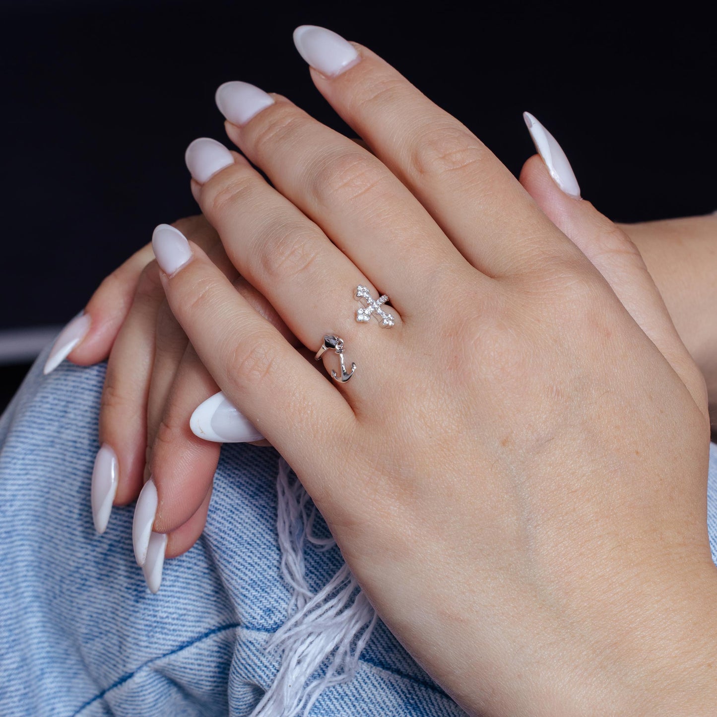 Silver 925 Rhodium Plated Open Cross and Anchor Ring with CZ - BGR01146