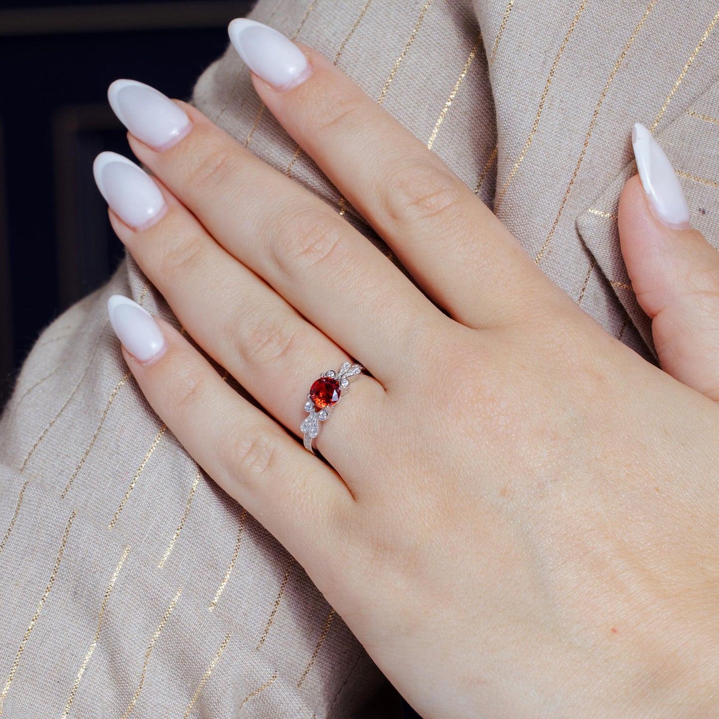 Silver 925 Rhodium Plated Red Oval CZ Ring - BGR01165GAR