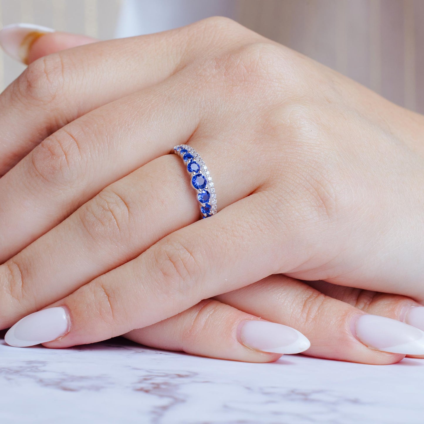 Silver 925 Rhodium Plated Blue and Clear CZ Stones Ring - BGR01175BLU