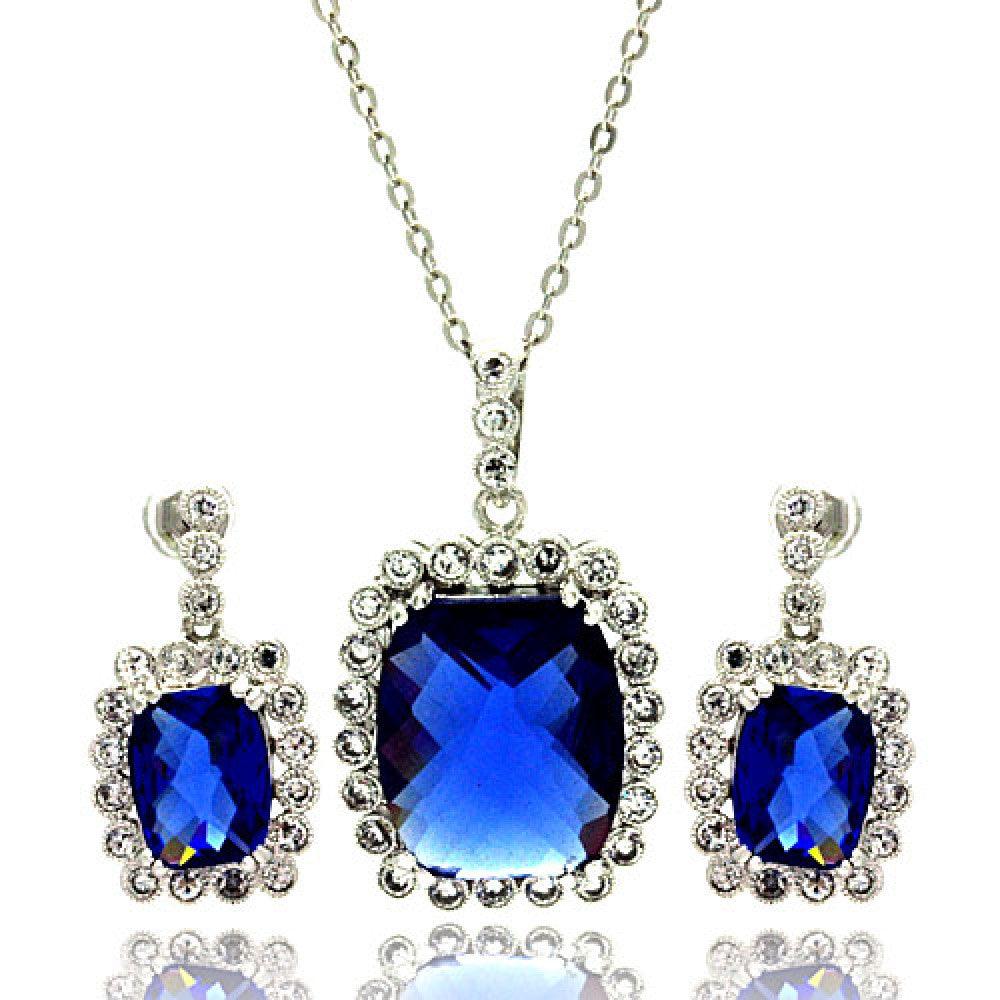 Silver Rhodium Plated Blue and Clear Rectangular CZ Dangling Stud Earring and Necklace Set - BGS00165 | Silver Palace Inc.
