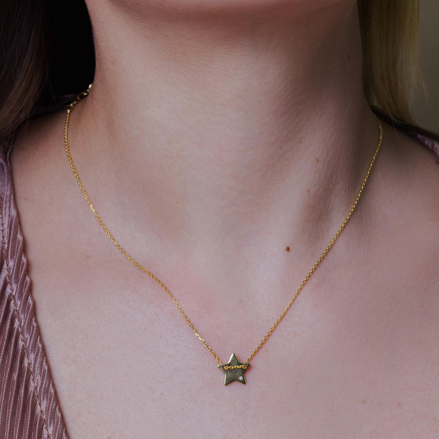 Silver 925 Gold Plated Engravable Star Shaped Necklace with CZ - DIN00079GP