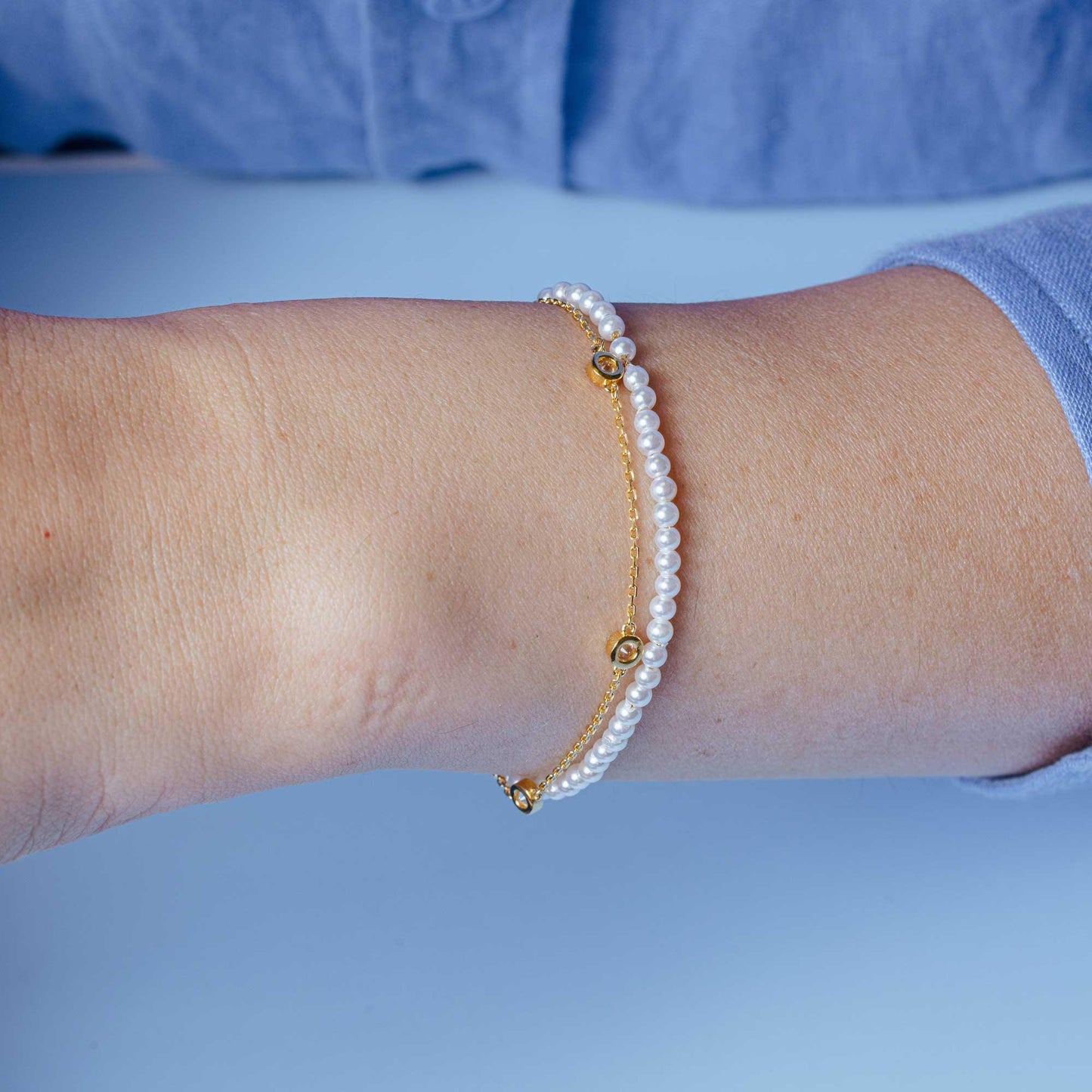 Silver 925 Gold Plated Double Strand Synthetic Pearl with CZ - GMB00054GP