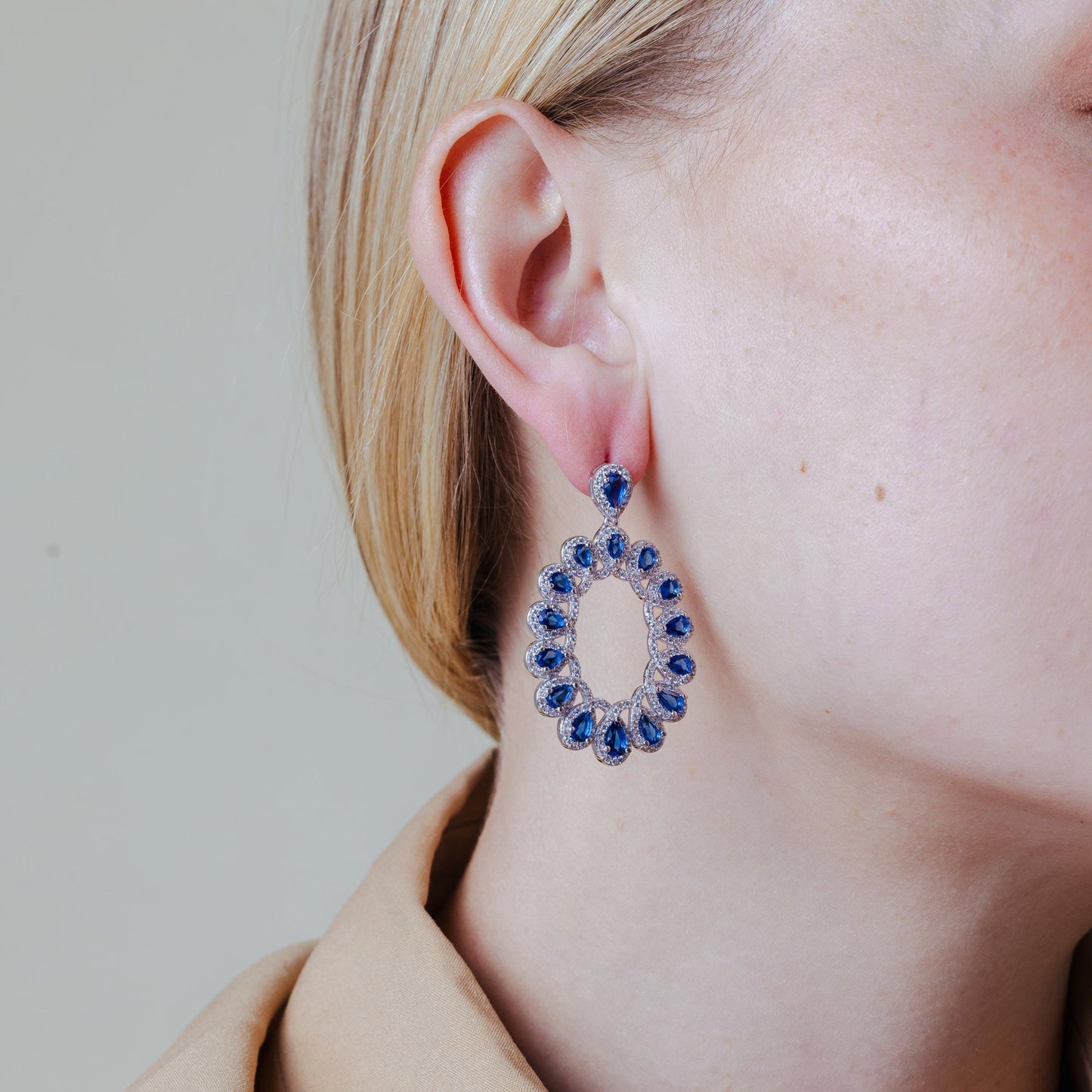 Silver 925 Rhodium Plated Open Oval Blue and Clear CZ Hanging Earrings - GME00106-BLU