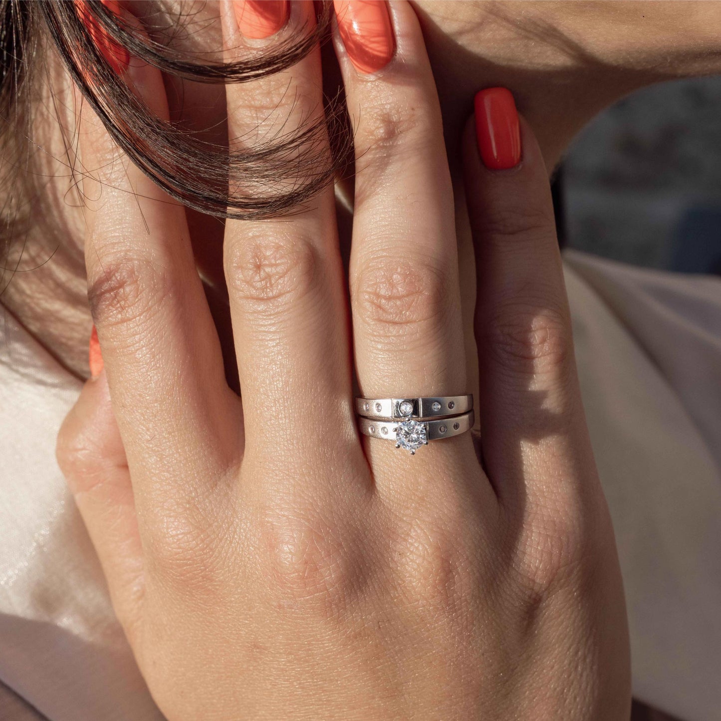 Silver 925 Half Matte Finish Rhodium Plated CZ Trio Bridal Ring - GMR00142
