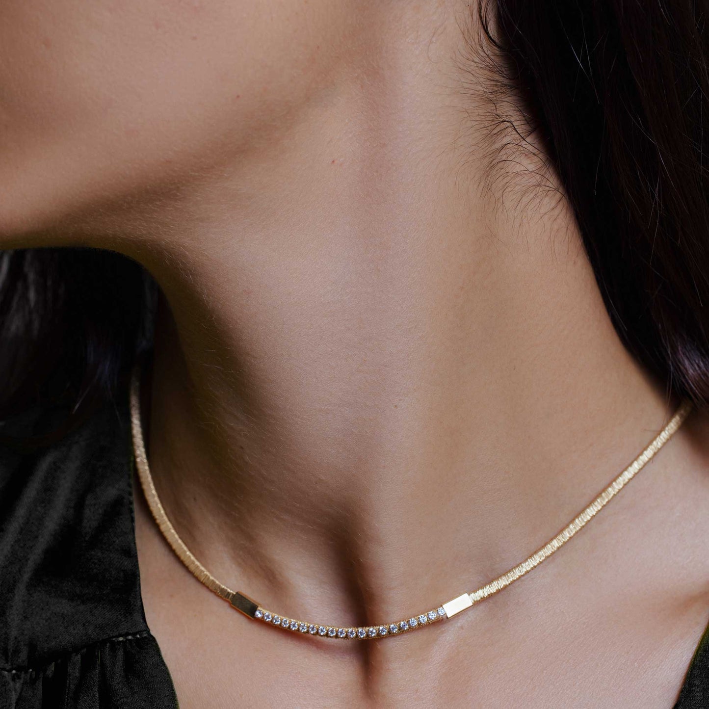 Silver 925 Gold Plated Wired Omega Chain with CZ - ITN00049GP