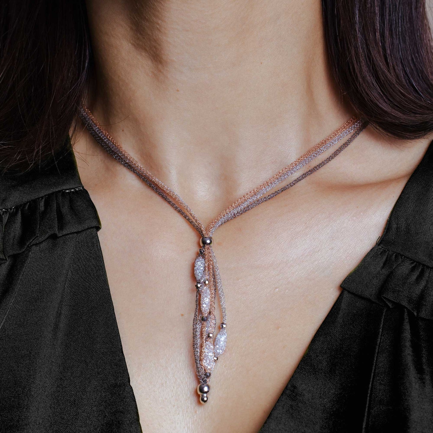 Closeout-Silver 925 Three Tone Triple Strand Mesh Necklace and Dropped Mesh Filled with CZ - ITN00065MULTI