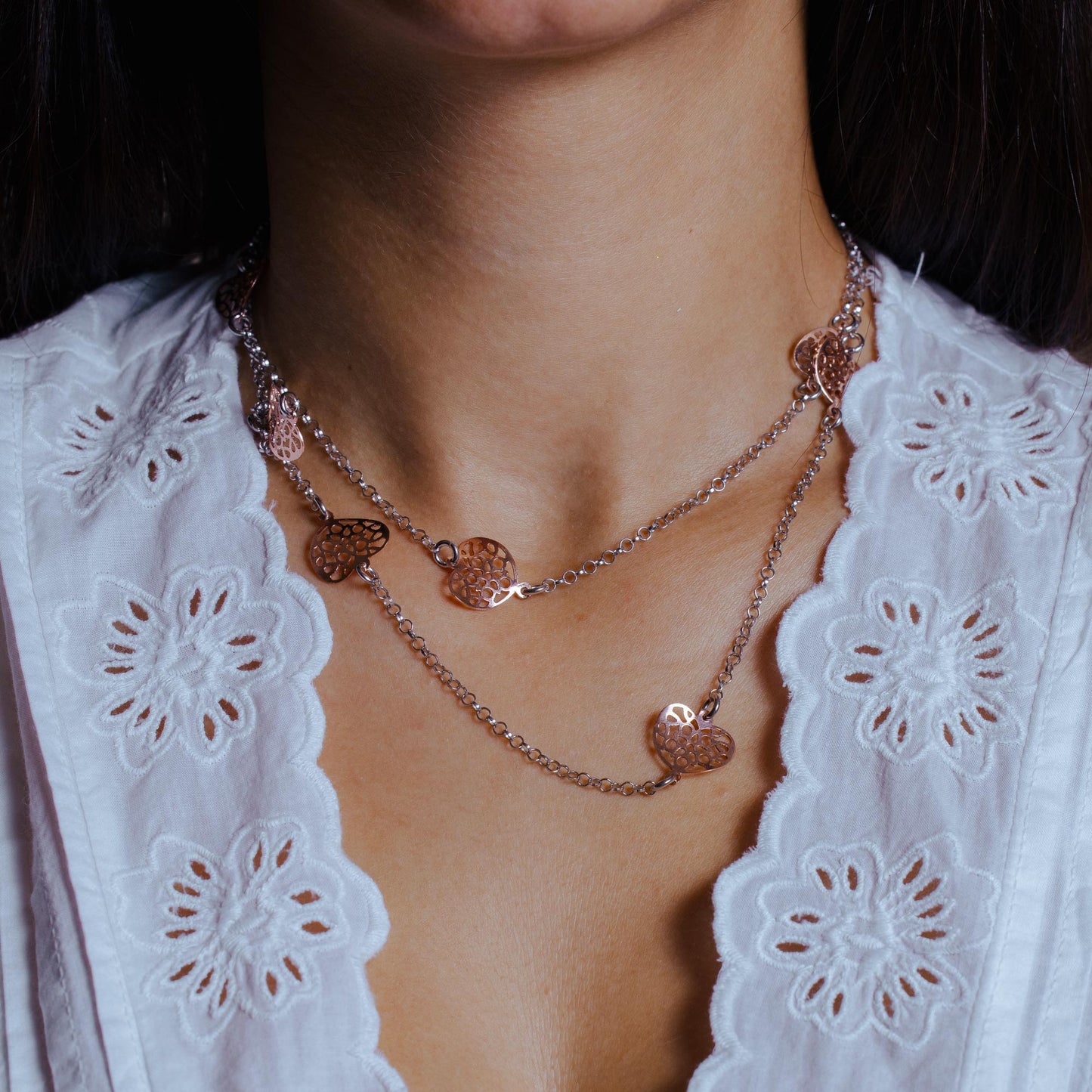 Silver 925 Rose Gold and Rhodium Plated Curvy Holed Heart Long Necklace - ITN00072