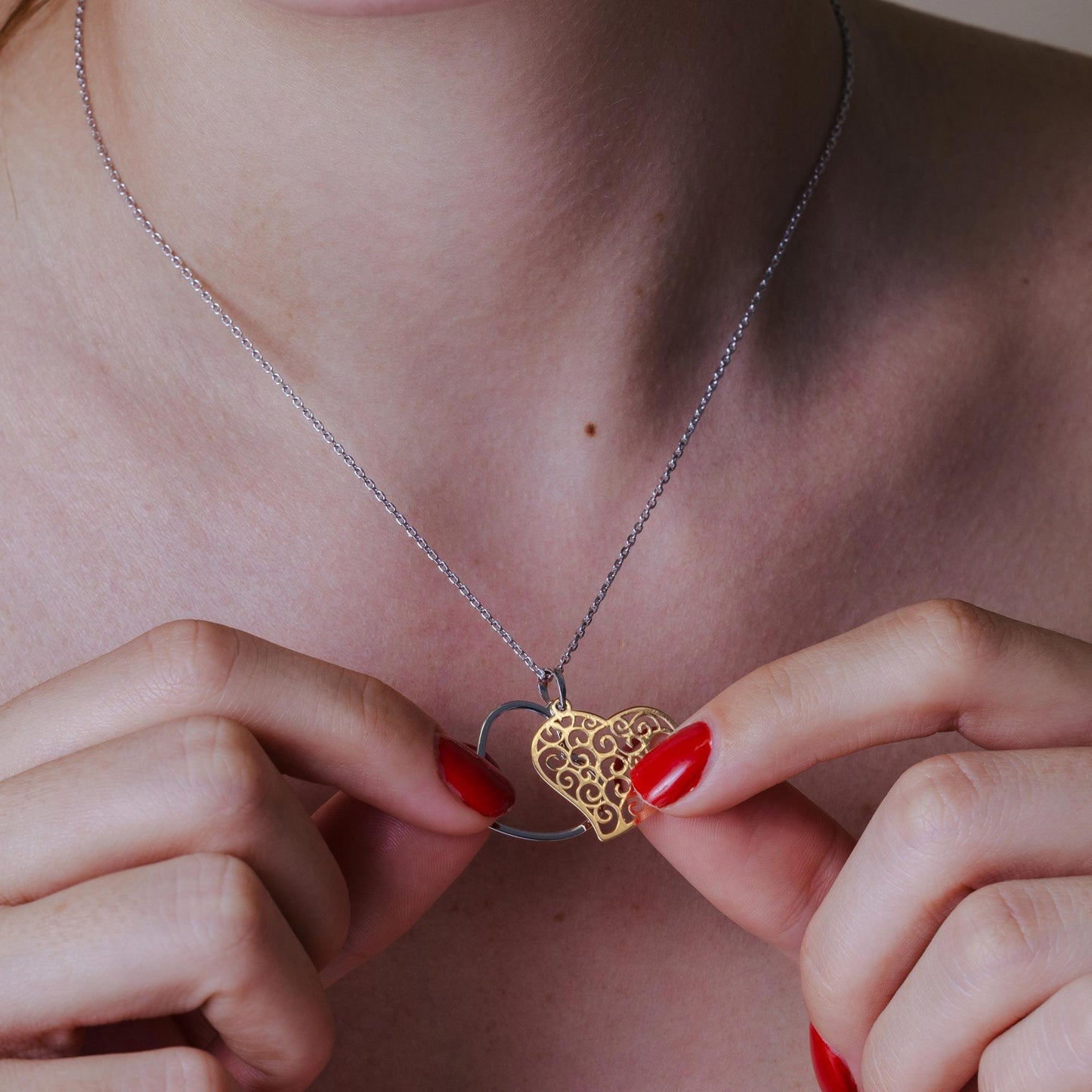 Silver 925 2 Tone Rhodium and Rose Gold Plated Heart Necklace - SOP00016