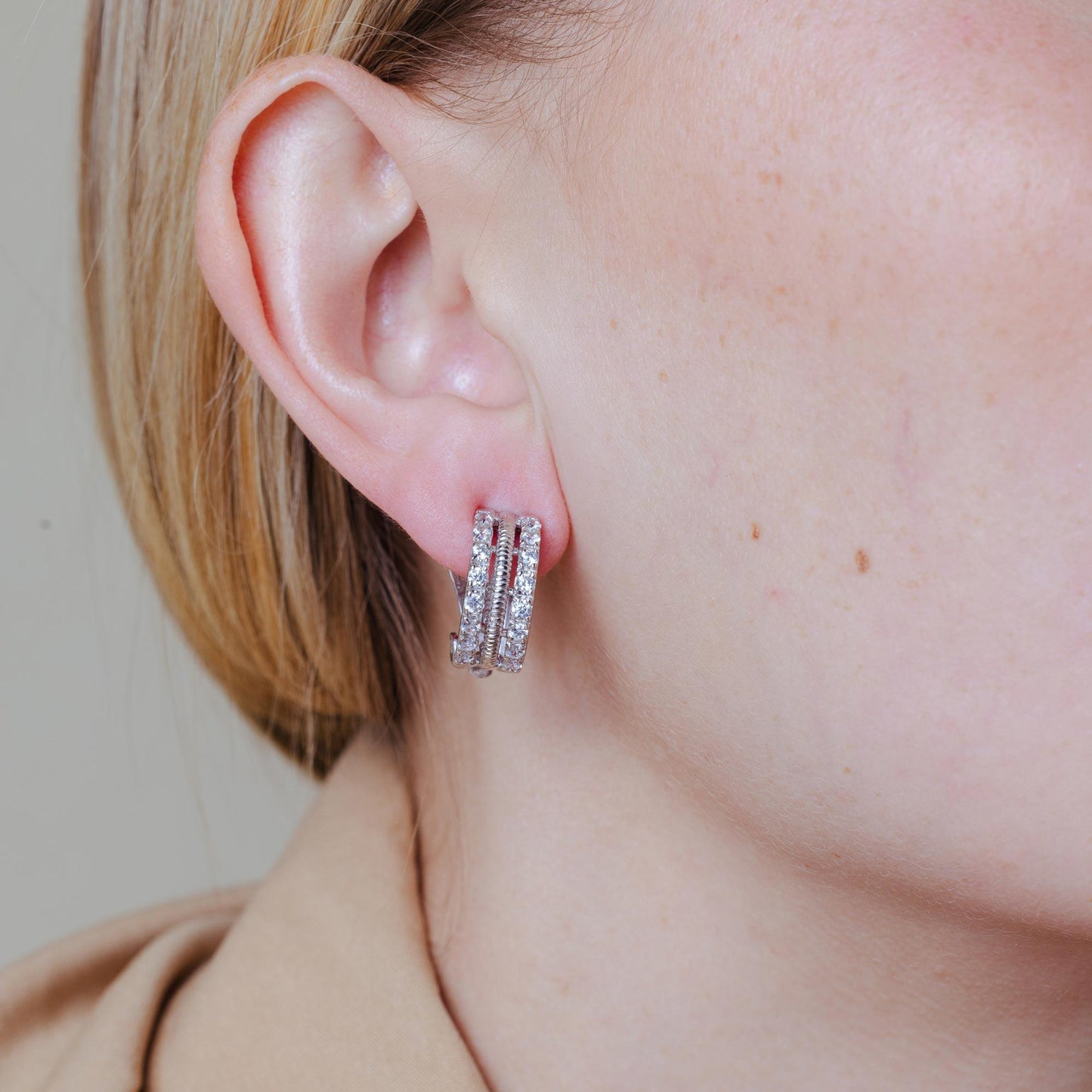 Silver 925 Rhodium Plated Clear Crescent CZ Hoop Earrings - STE00935
