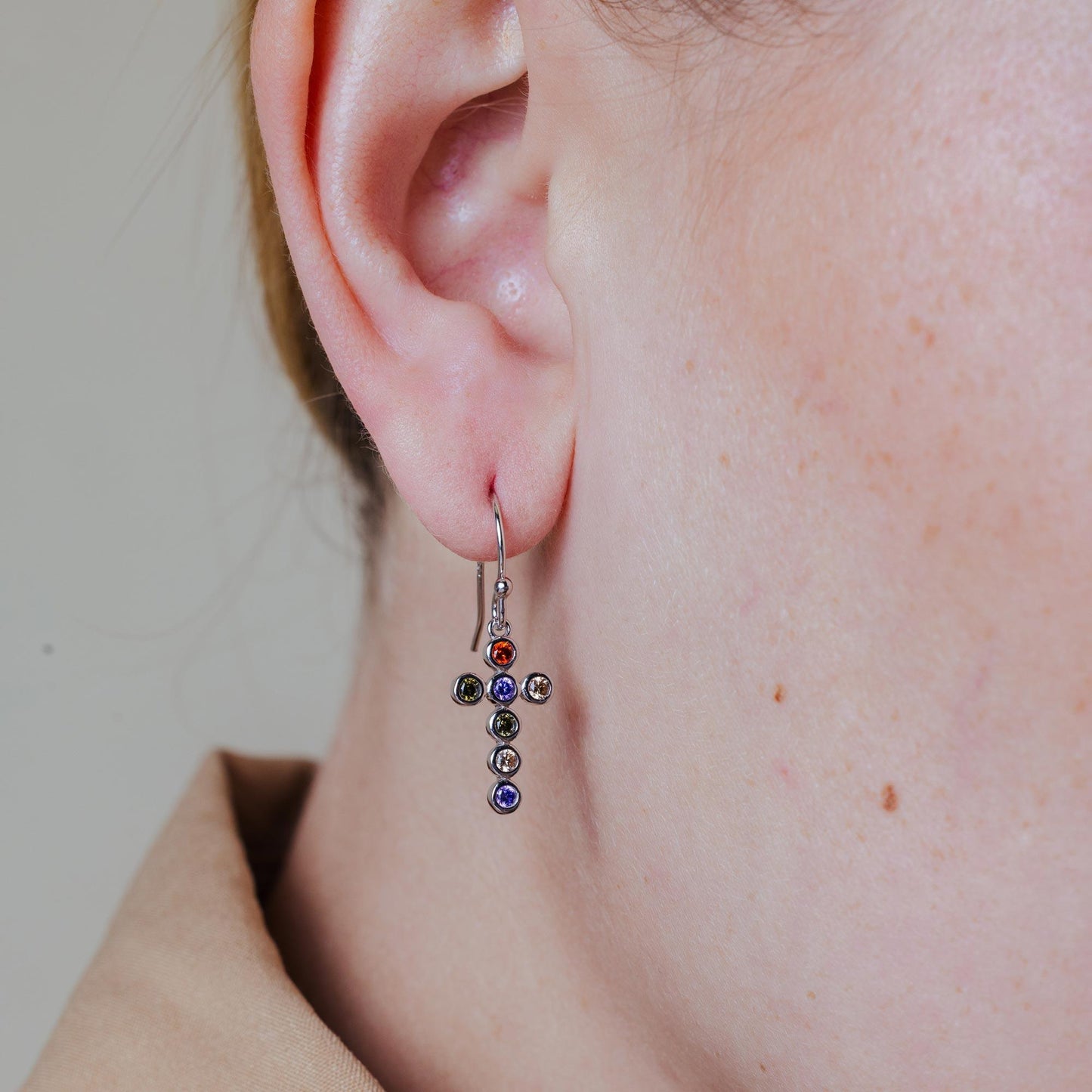 Silver 925 Rhodium Plated Multi-Colored CZ Cross Earrings - STE01137