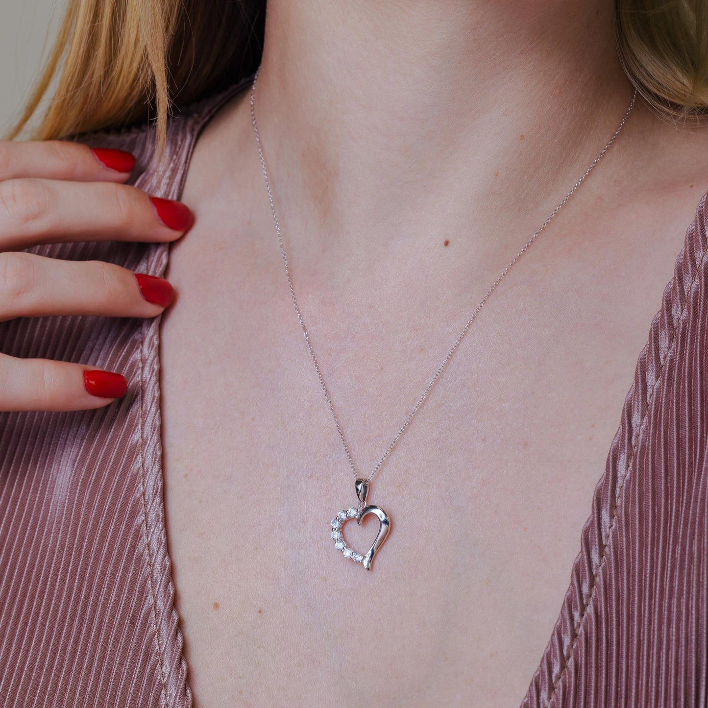 Silver 925 Rhodium Plated Open CZ Heart Necklace - STP01584