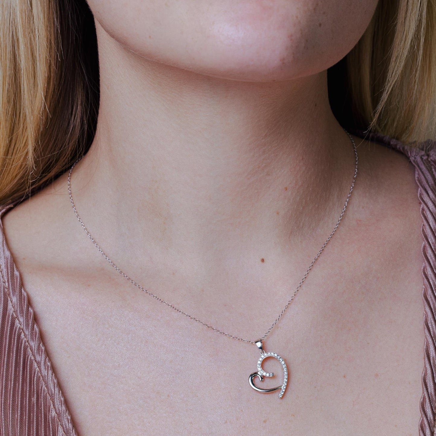 Silver 925 Rhodium Plated Curved Open Heart CZ Necklace - STP01585