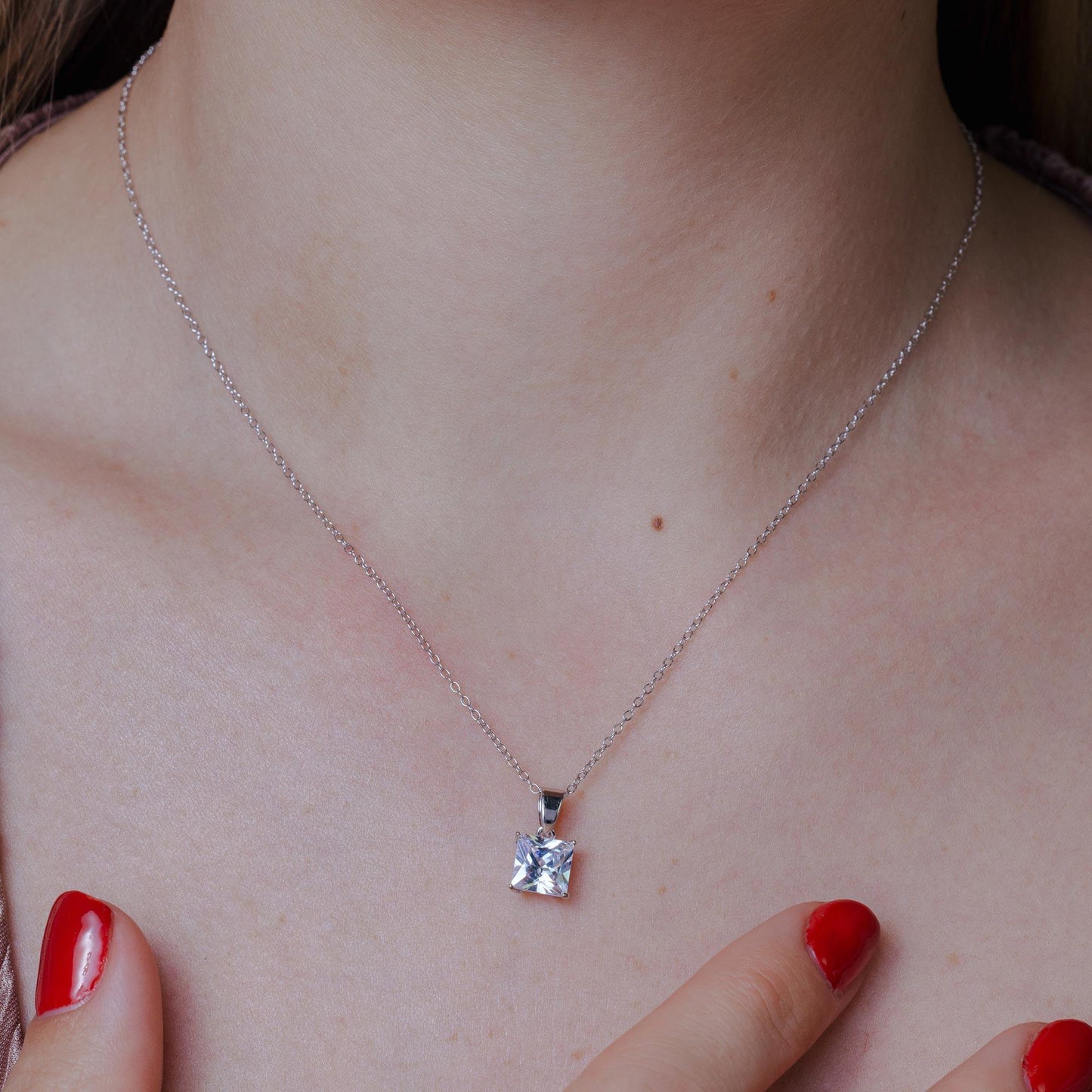 Silver 925 Rhodium Plated Clear Square CZ Solitaire Necklace - STP01630RH