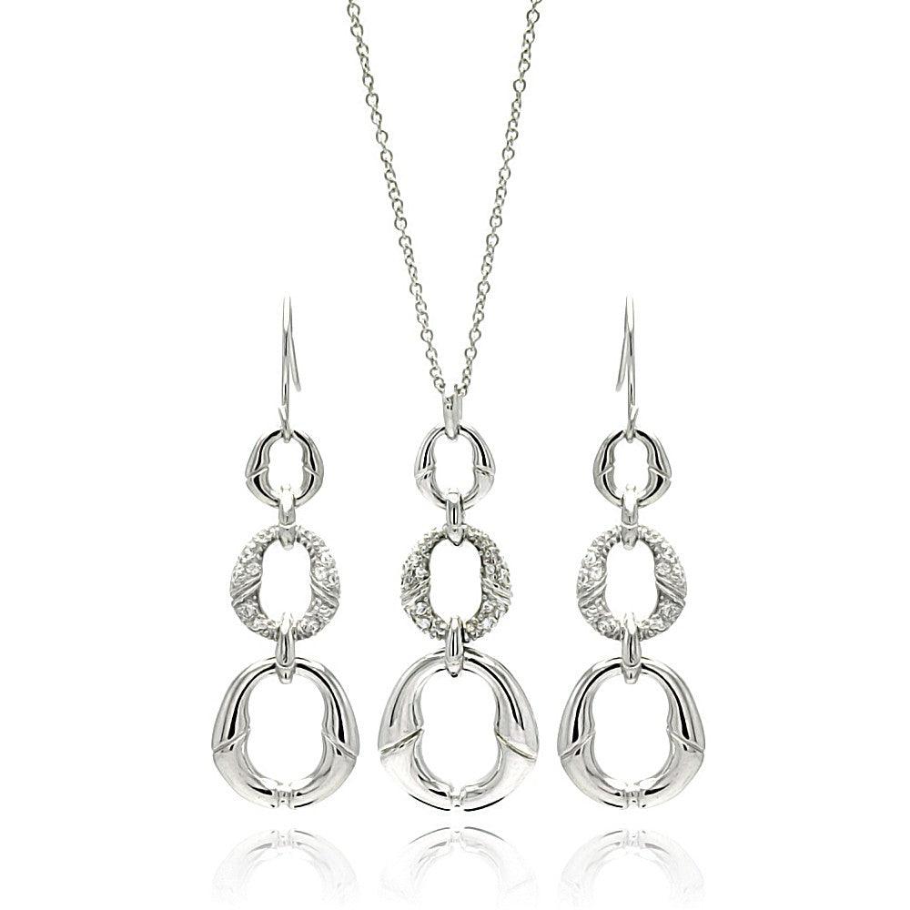 Silver 925 Rhodium Plated Open Oval CZ Dangling Earring and Necklace Set - STS00090 | Silver Palace Inc.