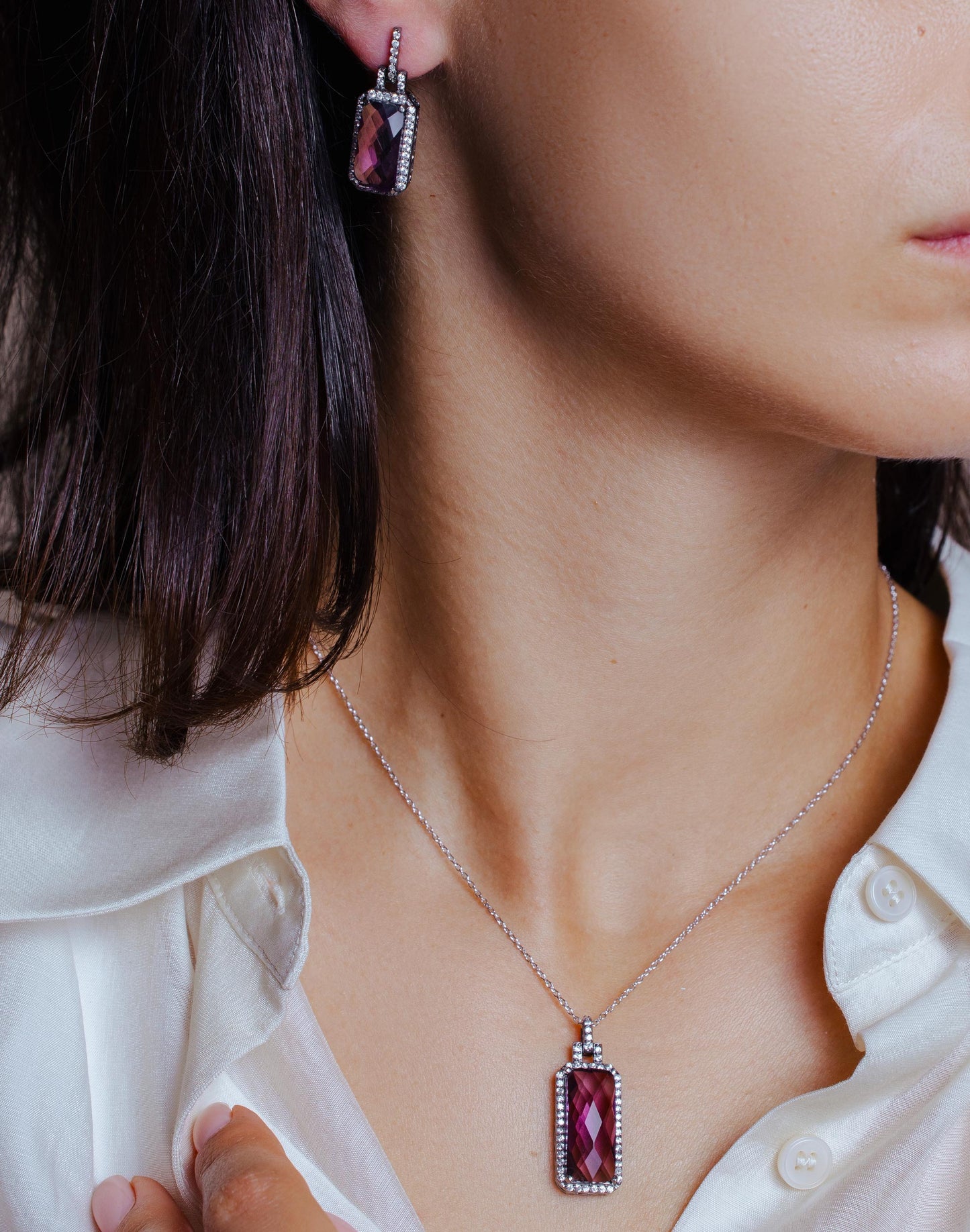 Silver 925 Rhodium Plated Purple Rectangle CZ Dangling Stud Earring and Necklace Set - STS00302