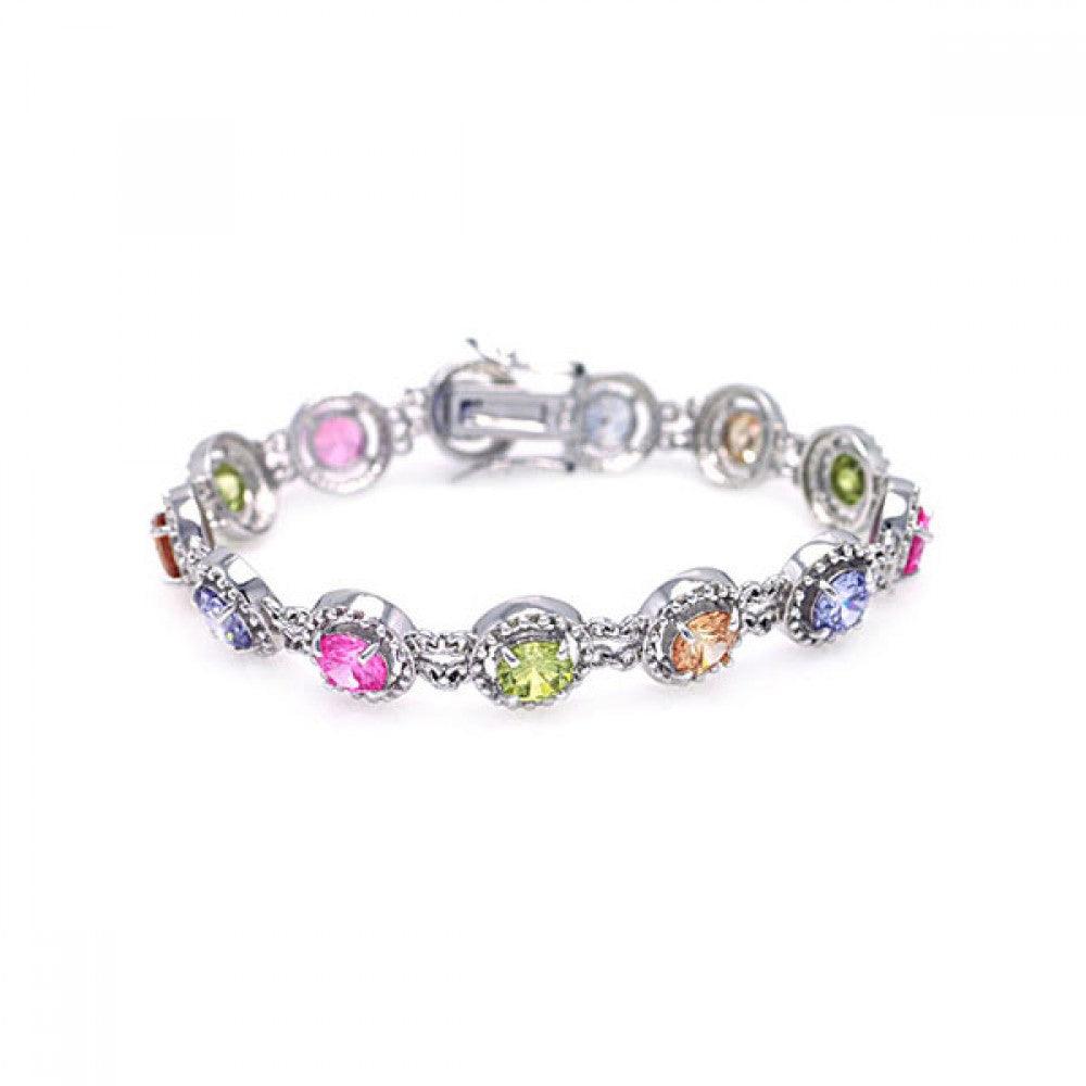 Silver 925 Rhodium Plated Multiple Multicolor Round CZ Bracelet - BGB00008 | Silver Palace Inc.