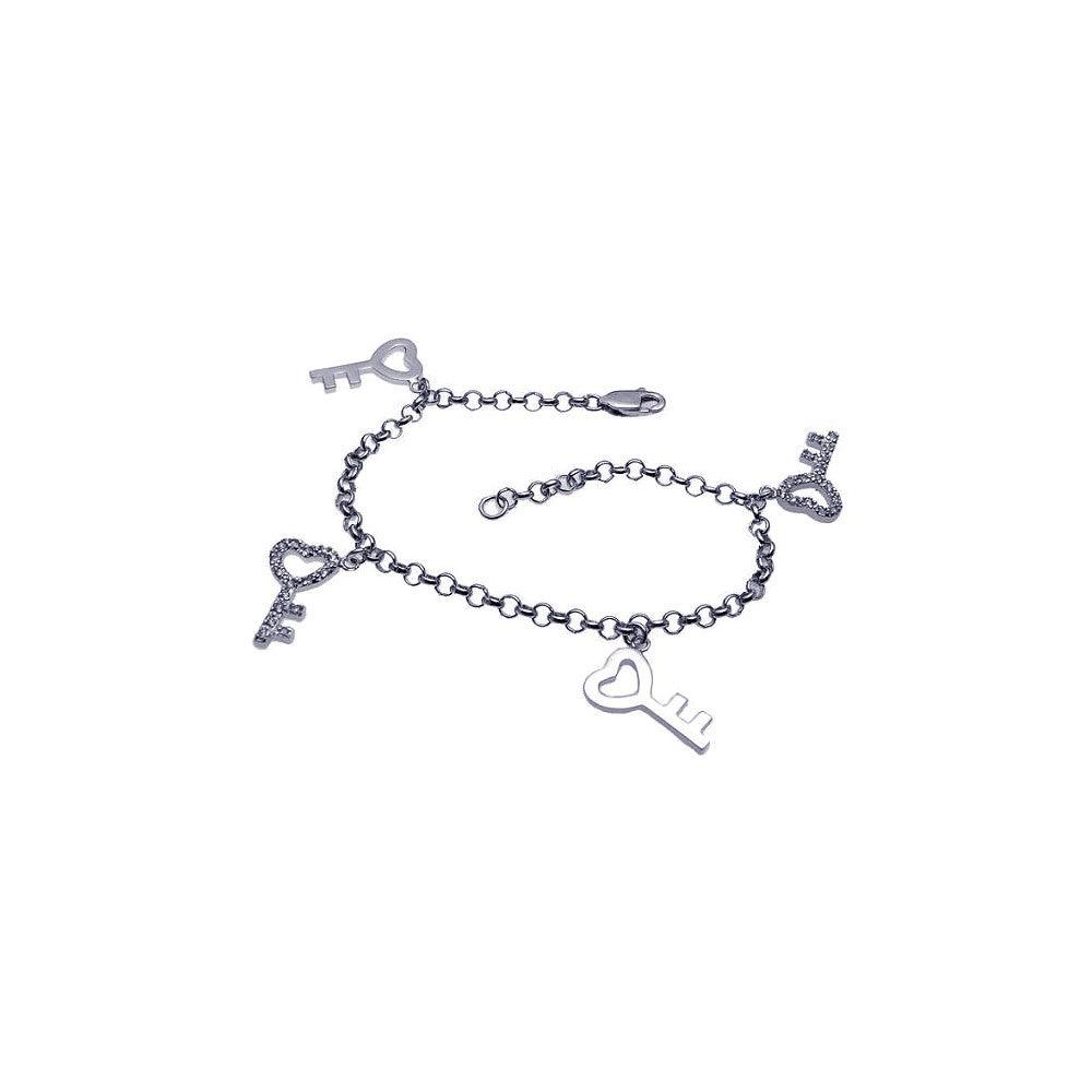 Silver 925 Rhodium Plated Multiple Dangling Open Heart Key CZ Bracelet - BGB00043 | Silver Palace Inc.
