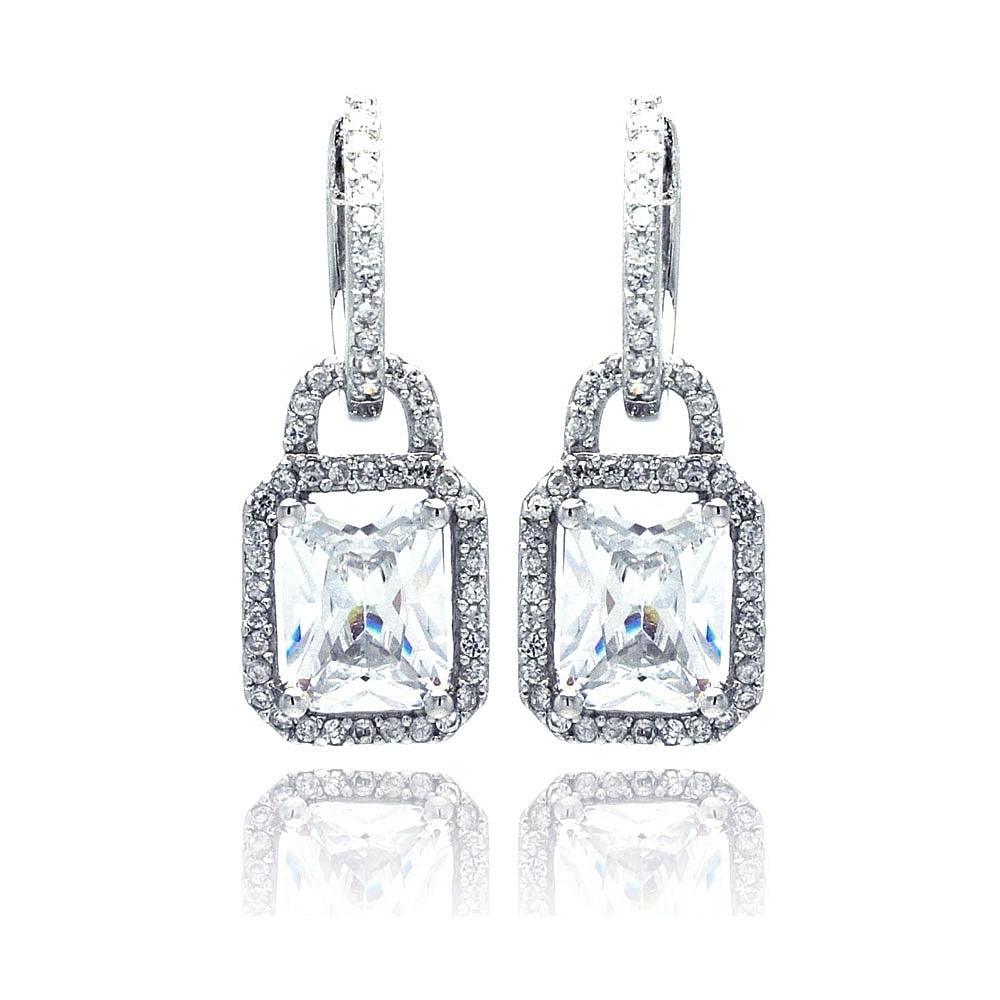 Silver 925 Rhodium Plated Micro Pave Clear Square CZ Dangling huggie hoop Earrings - ACE00031 | Silver Palace Inc.