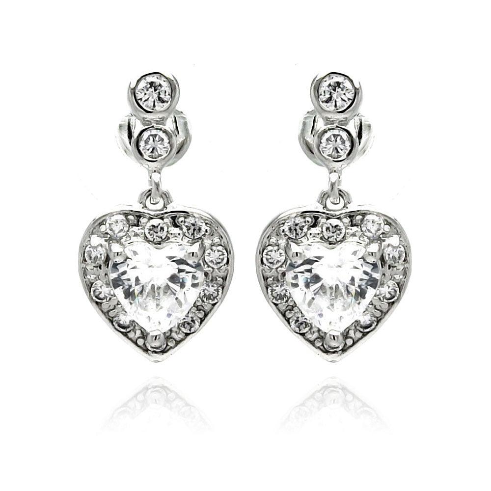 Silver 925 Rhodium Plated Heart CZ Dangling Earrings - BGE00233 | Silver Palace Inc.