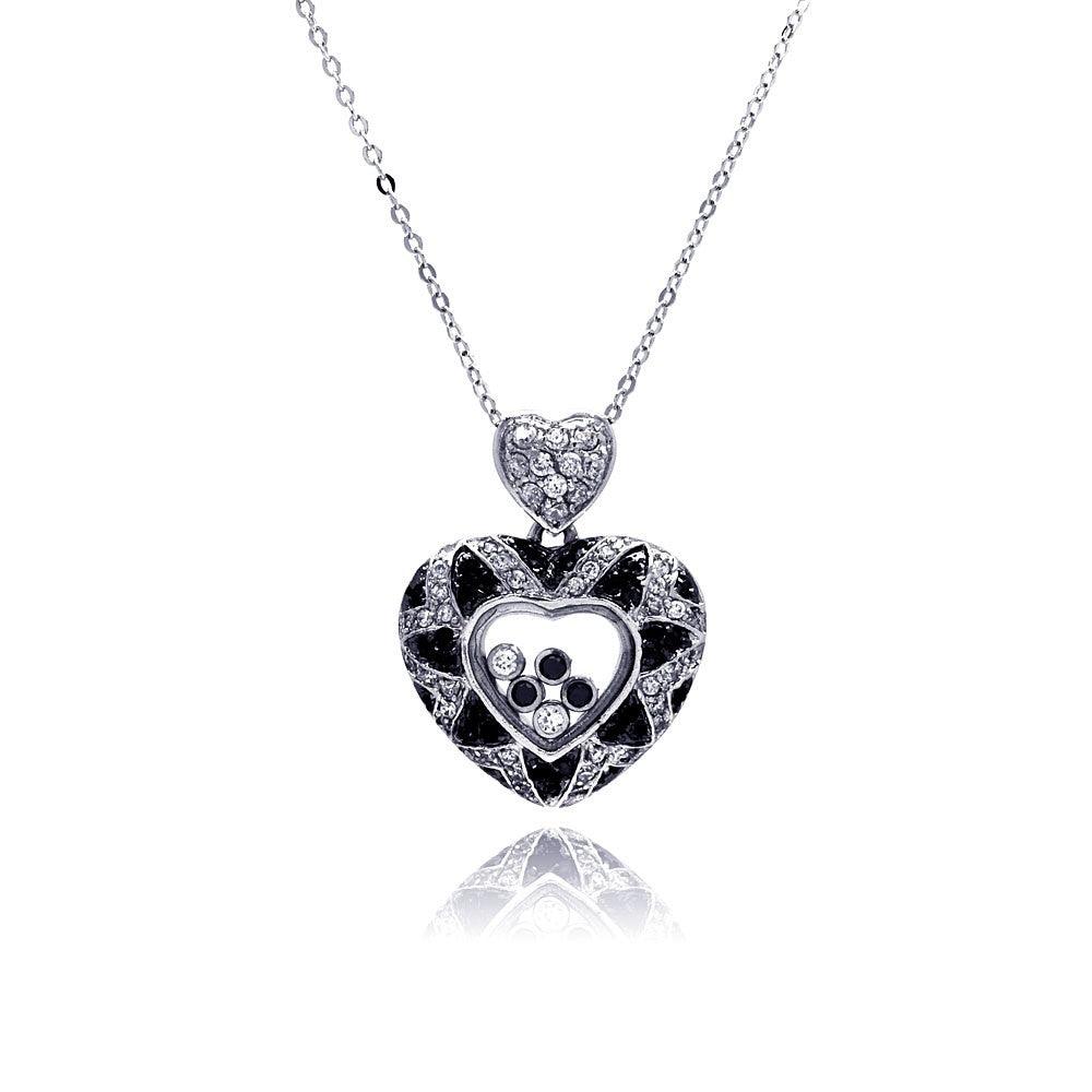 Silver 925 Floating Clear CZ Black Rhodium Plated Heart Pendant Necklace - BGP00006 | Silver Palace Inc.