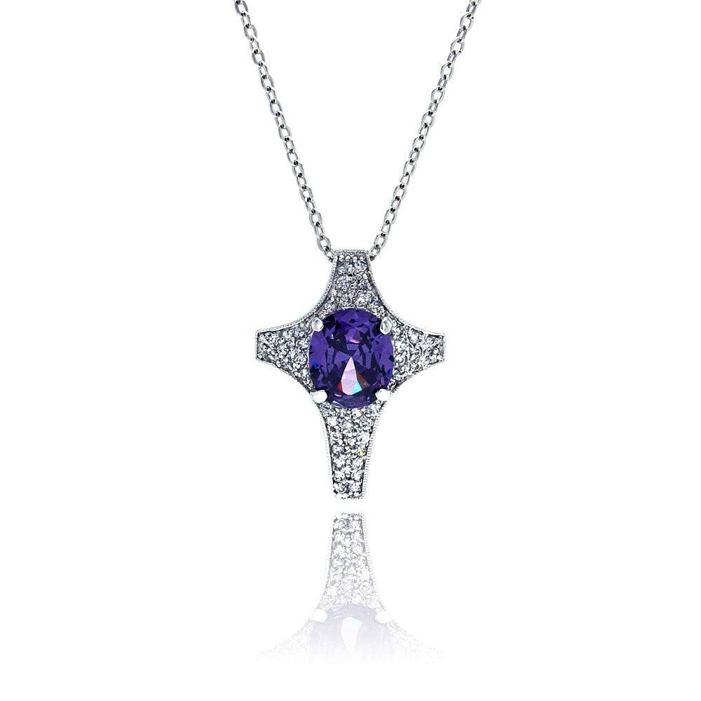 Closeout-Silver 925 Tanzanite CZ Rhodium Plated Cross Pendant Necklace - BGP00009PUR | Silver Palace Inc.