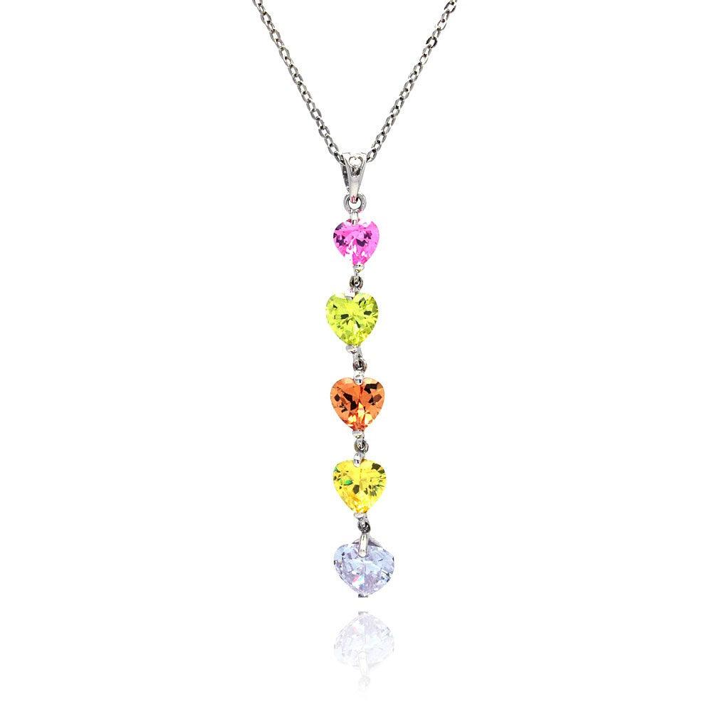Silver 925 Multi Color CZ Rhodium Plated 5 Heart Pendant Necklace - BGP00068 | Silver Palace Inc.