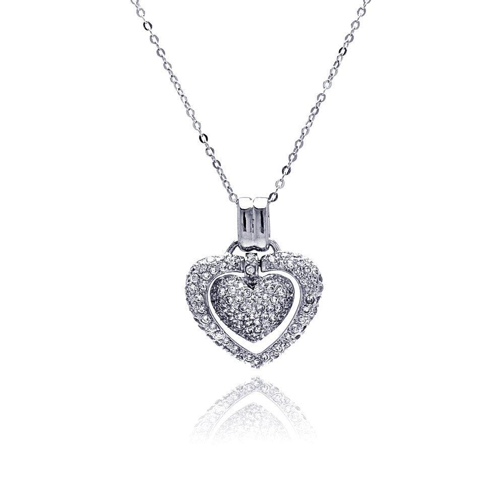 Silver 925 Clear CZ Rhodium Plated Double Heart Pendant Necklace - BGP00071CLR | Silver Palace Inc.