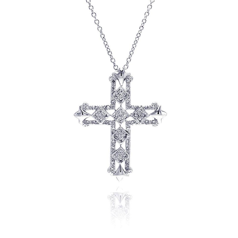 Silver 925 Clear CZ Rhodium Plated Cross Pendant Necklace - BGP00106 | Silver Palace Inc.